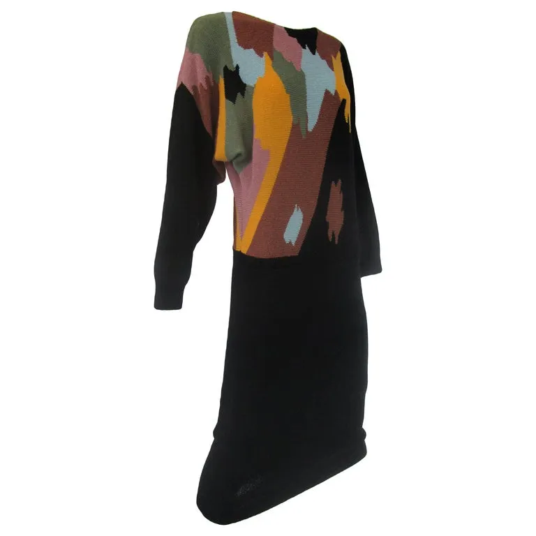 1970s Adolfo Black with Abstract Earth Tones Knit Midi Sweater Dress