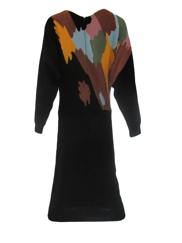 1970s Adolfo Black with Abstract Earth Tones Knit Midi Sweater Dress