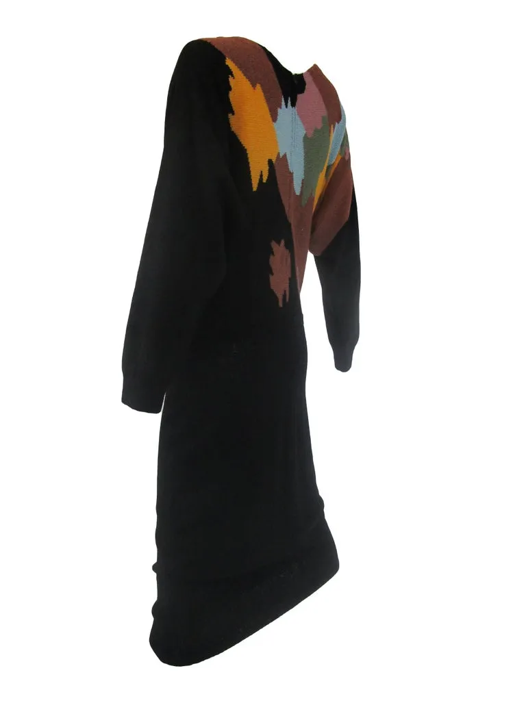 1970s Adolfo Black with Abstract Earth Tones Knit Midi Sweater Dress