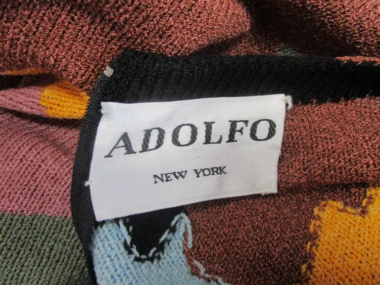 1970s Adolfo Black with Abstract Earth Tones Knit Midi Sweater Dress