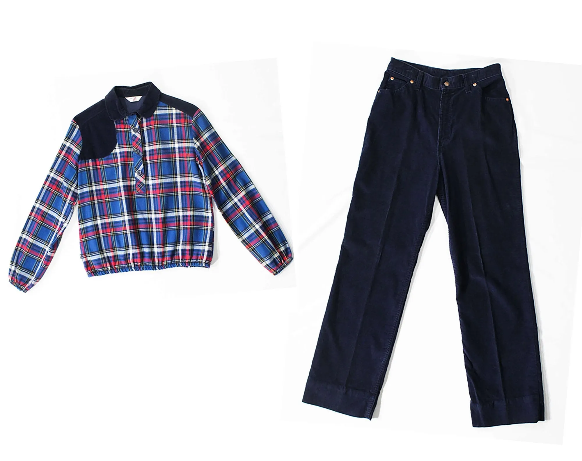 1970s Big E Levi's Western Shirt & Corduroy Pant Set - Ladies Size 8 Cowgirl Hunter Style Plaid Top - Navy Blue Red and White - Waist 27.5
