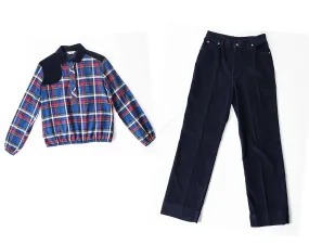 1970s Big E Levi's Western Shirt & Corduroy Pant Set - Ladies Size 8 Cowgirl Hunter Style Plaid Top - Navy Blue Red and White - Waist 27.5