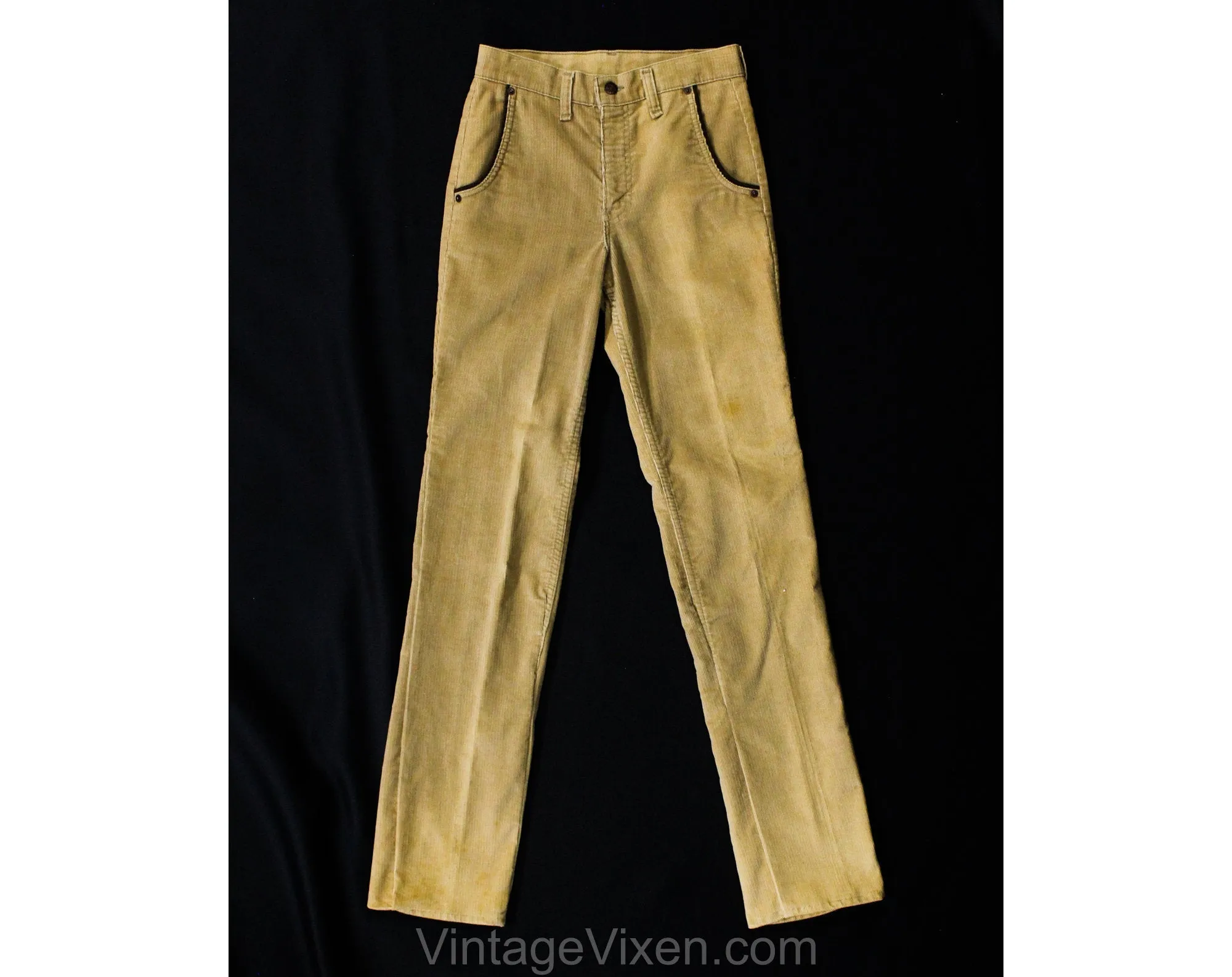 1970s Tan Corduroy Skinny Pants by Levi's - Boys 14 or Mens XS Light Brown Cotton Hippie Trousers - 70s Levis Denim Label - Waist 27