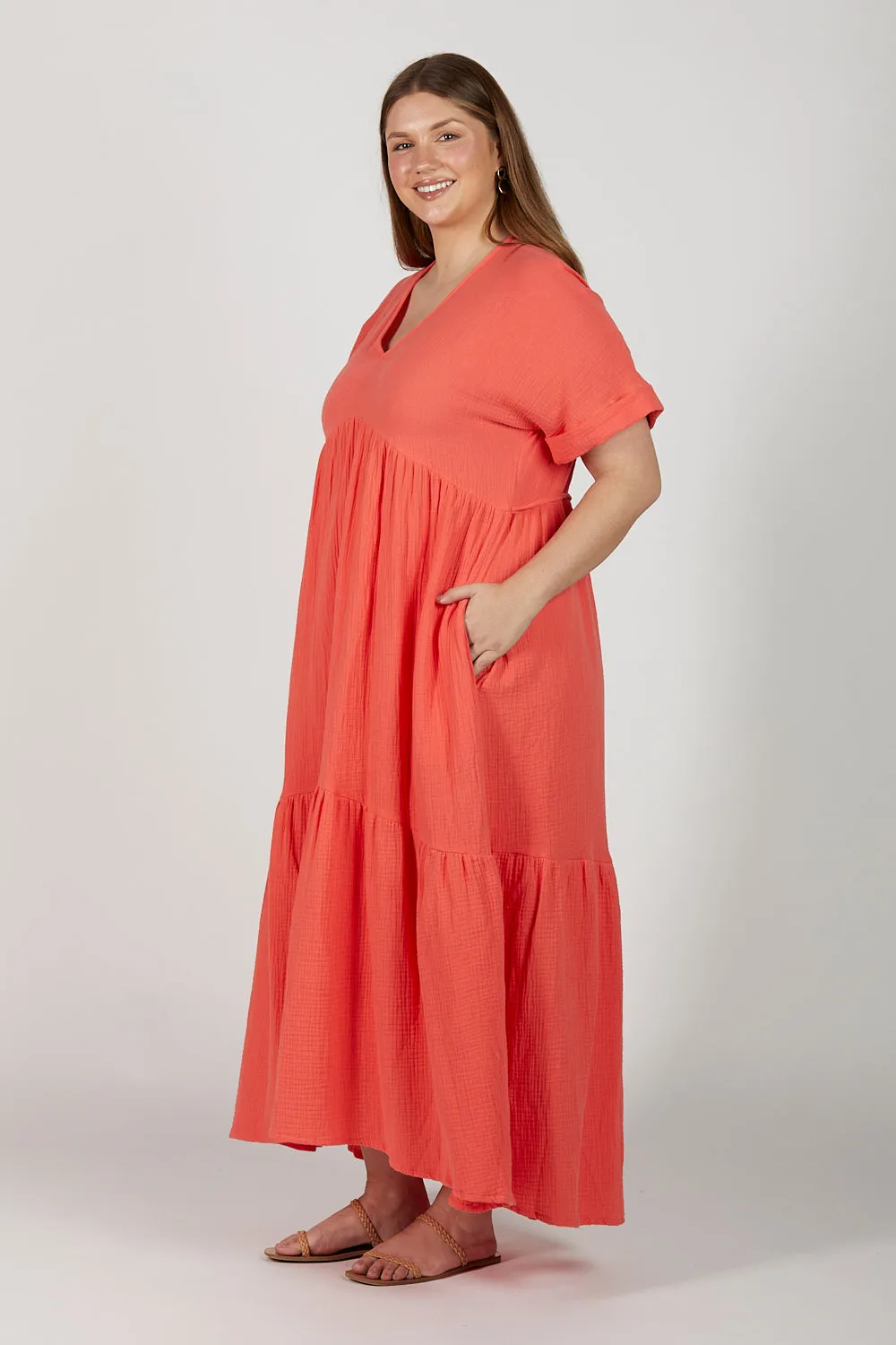 Adriana Crinkle Cotton V-Neck Dress in Candlelight