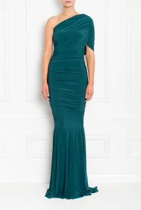 ALICE FOREST GREEN ONE SHOULDERED FISHTAIL BRIDESMAIDS MAXI DRESS