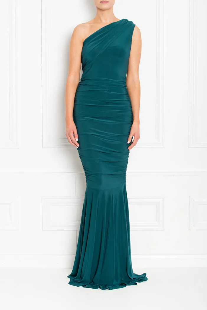 ALICE FOREST GREEN ONE SHOULDERED FISHTAIL BRIDESMAIDS MAXI DRESS