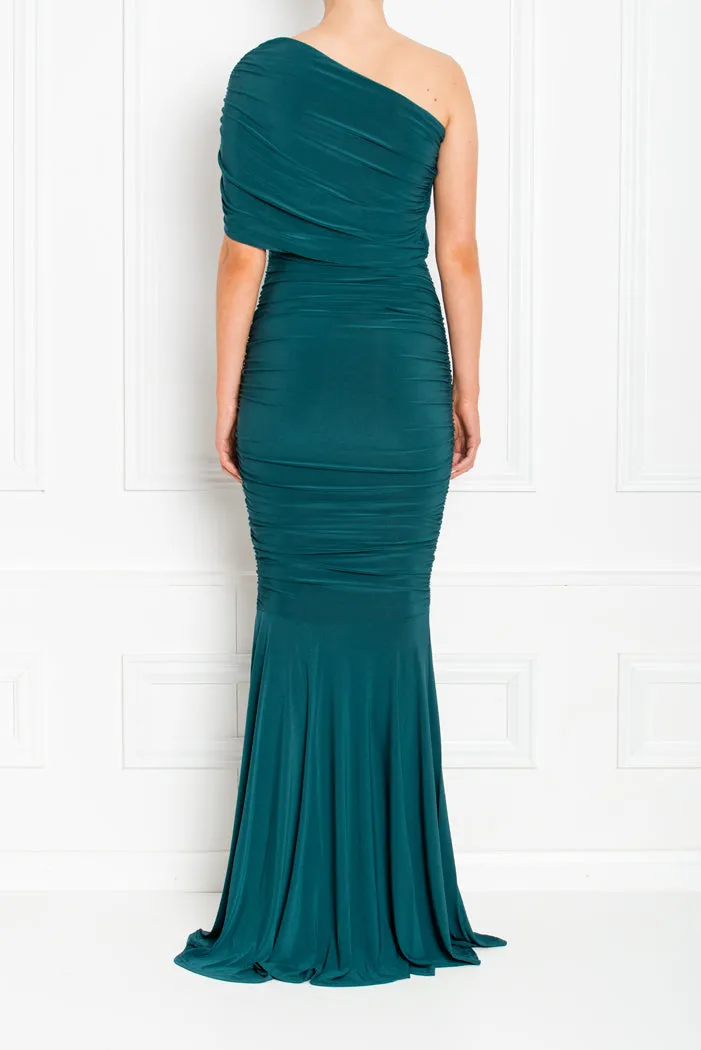 ALICE FOREST GREEN ONE SHOULDERED FISHTAIL BRIDESMAIDS MAXI DRESS
