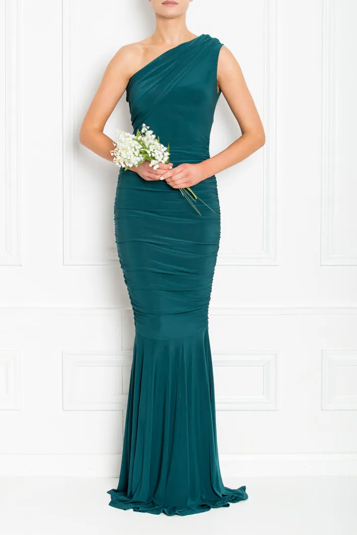 ALICE FOREST GREEN ONE SHOULDERED FISHTAIL BRIDESMAIDS MAXI DRESS