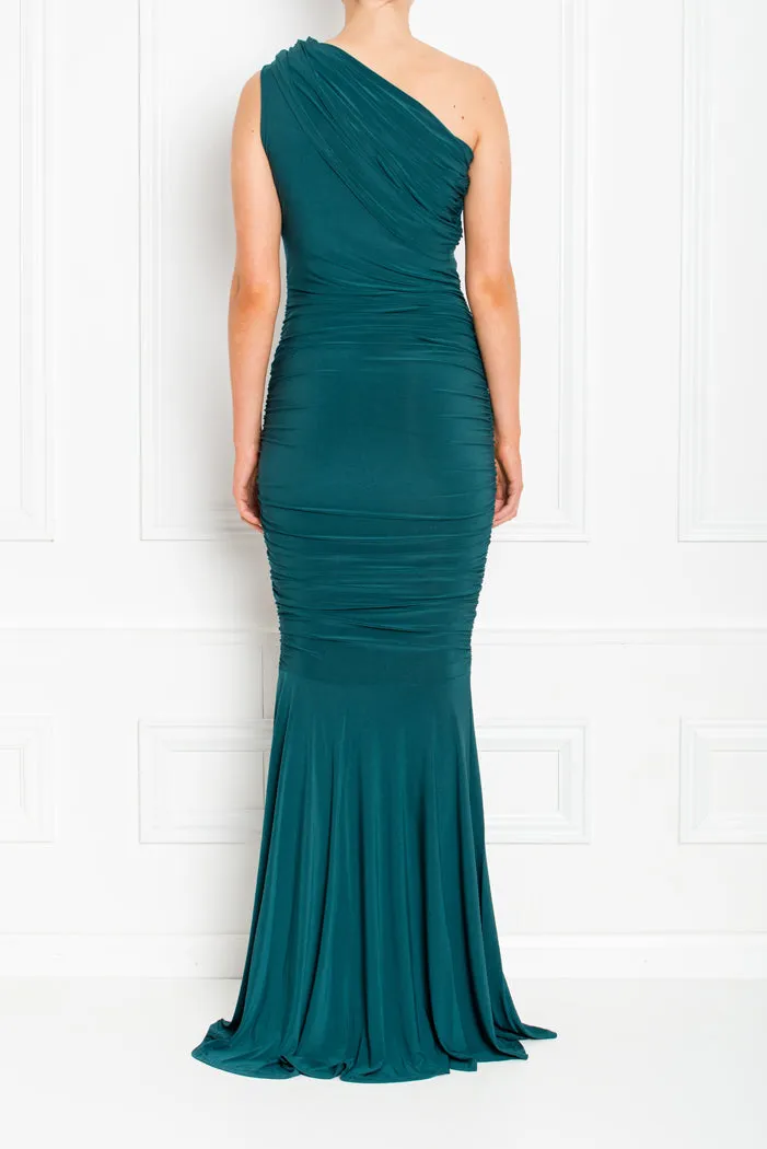 ALICE FOREST GREEN ONE SHOULDERED FISHTAIL BRIDESMAIDS MAXI DRESS