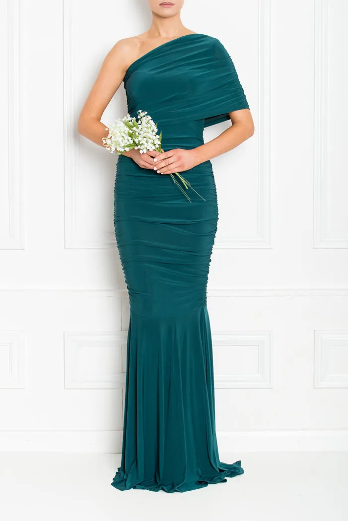 ALICE FOREST GREEN ONE SHOULDERED FISHTAIL BRIDESMAIDS MAXI DRESS