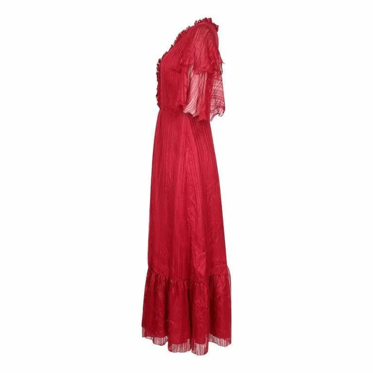 ARCHIVED - 1970s Silk Chiffon Scarlet Red Victoriana Maxi Dress