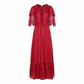 ARCHIVED - 1970s Silk Chiffon Scarlet Red Victoriana Maxi Dress