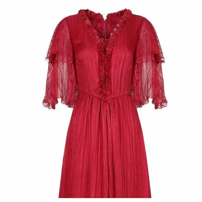ARCHIVED - 1970s Silk Chiffon Scarlet Red Victoriana Maxi Dress