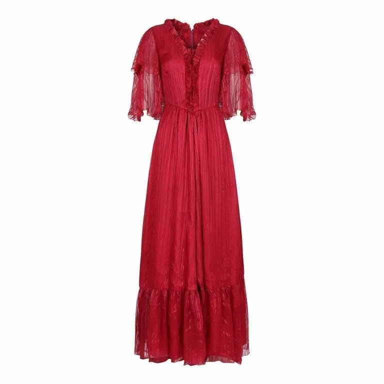 ARCHIVED - 1970s Silk Chiffon Scarlet Red Victoriana Maxi Dress