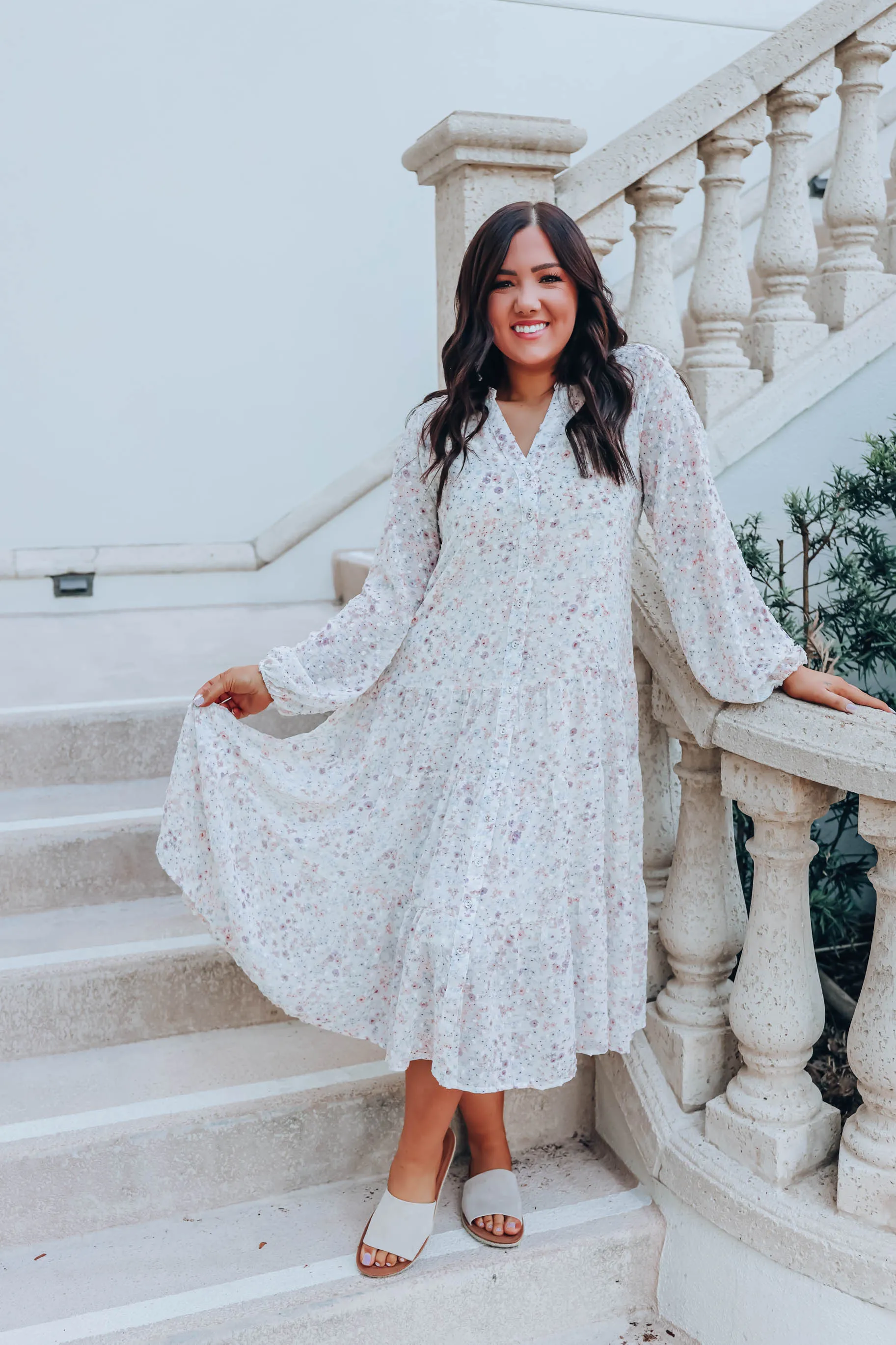 Botanical Boho Chiffon Maxi Dress - Ivory
