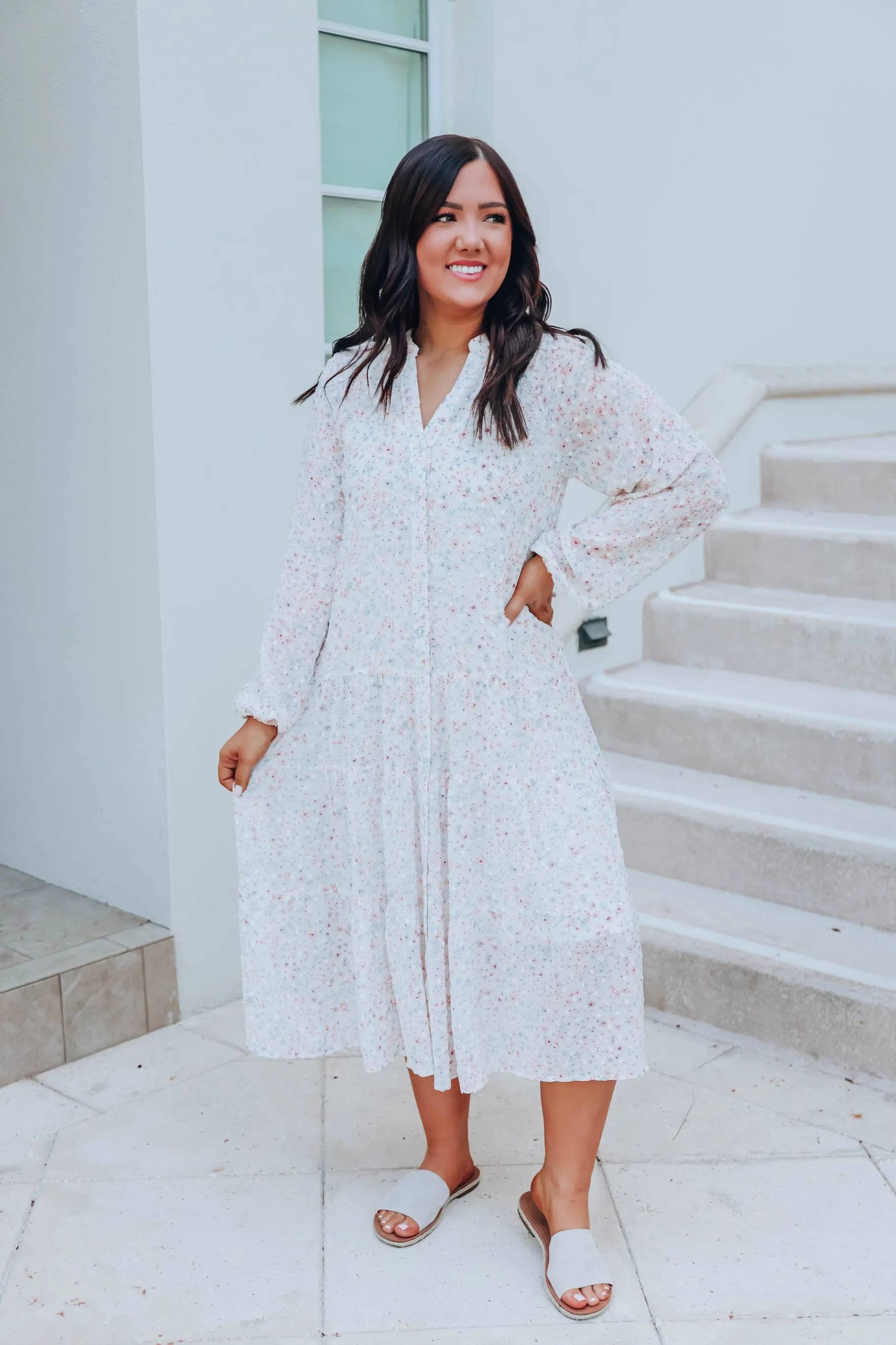 Botanical Boho Chiffon Maxi Dress - Ivory