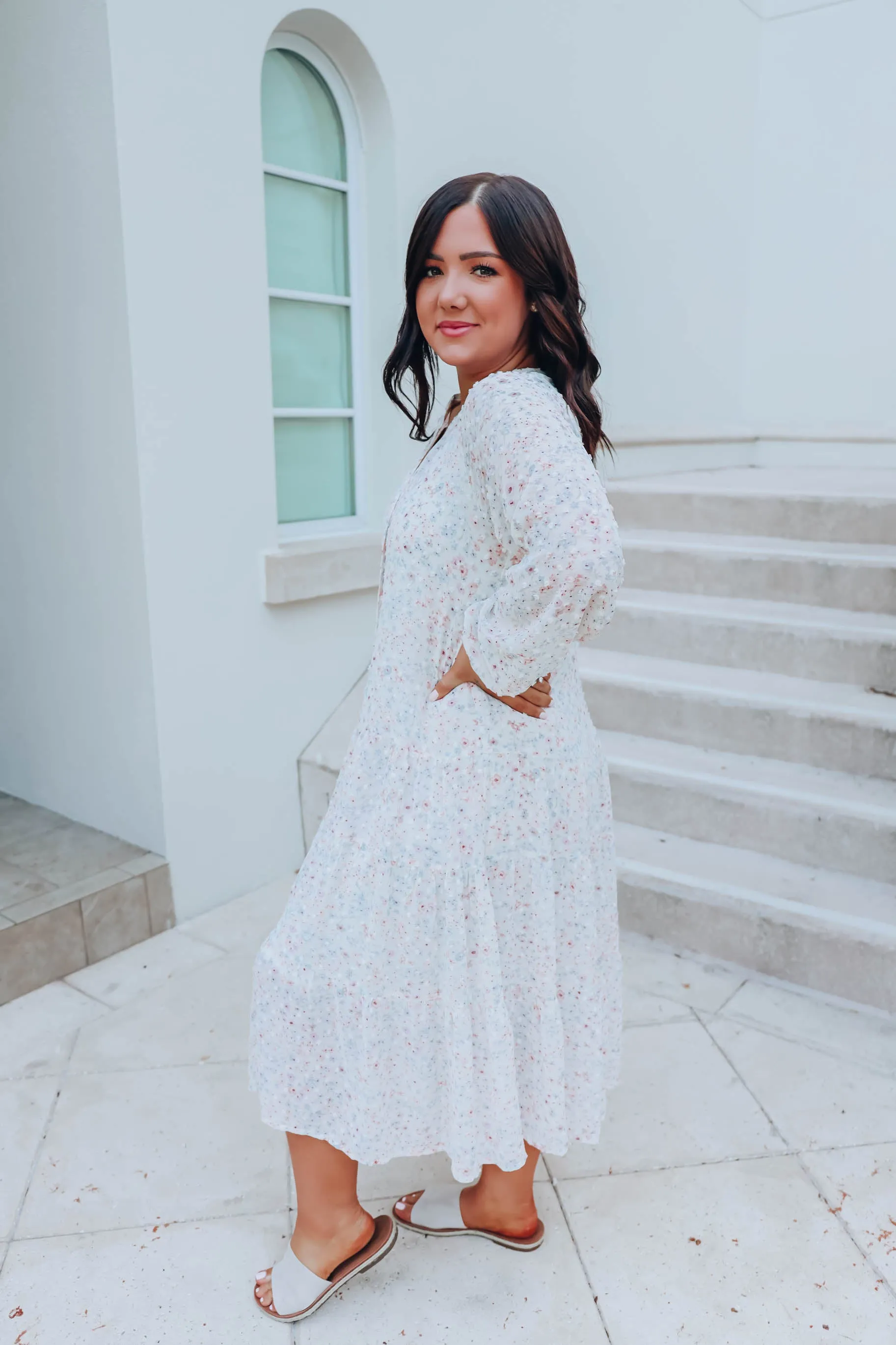 Botanical Boho Chiffon Maxi Dress - Ivory