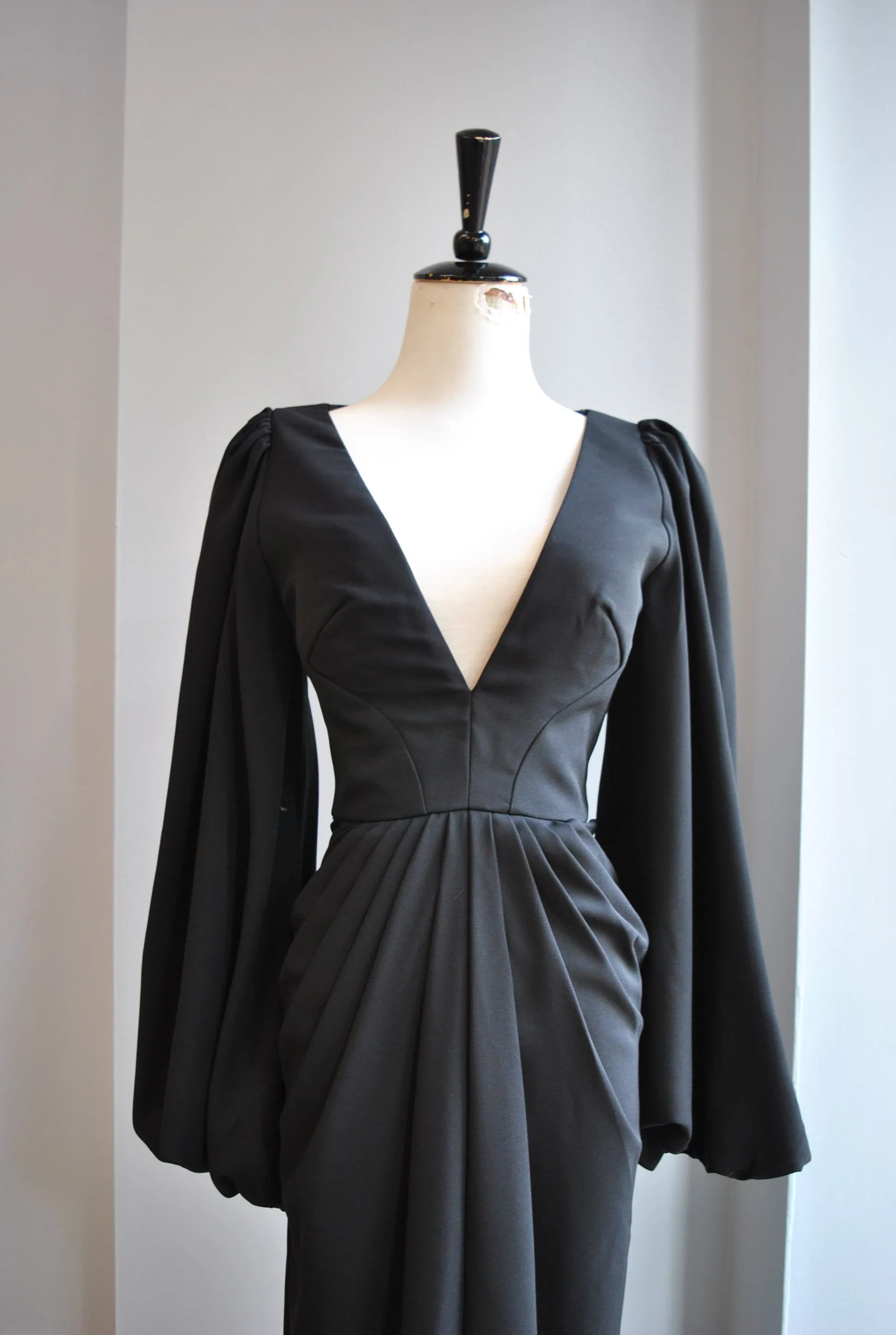 CLEARANCE - BLACK LONG EVENING GOWN WITH BELL SLEEVES