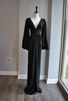 CLEARANCE - BLACK LONG EVENING GOWN WITH BELL SLEEVES
