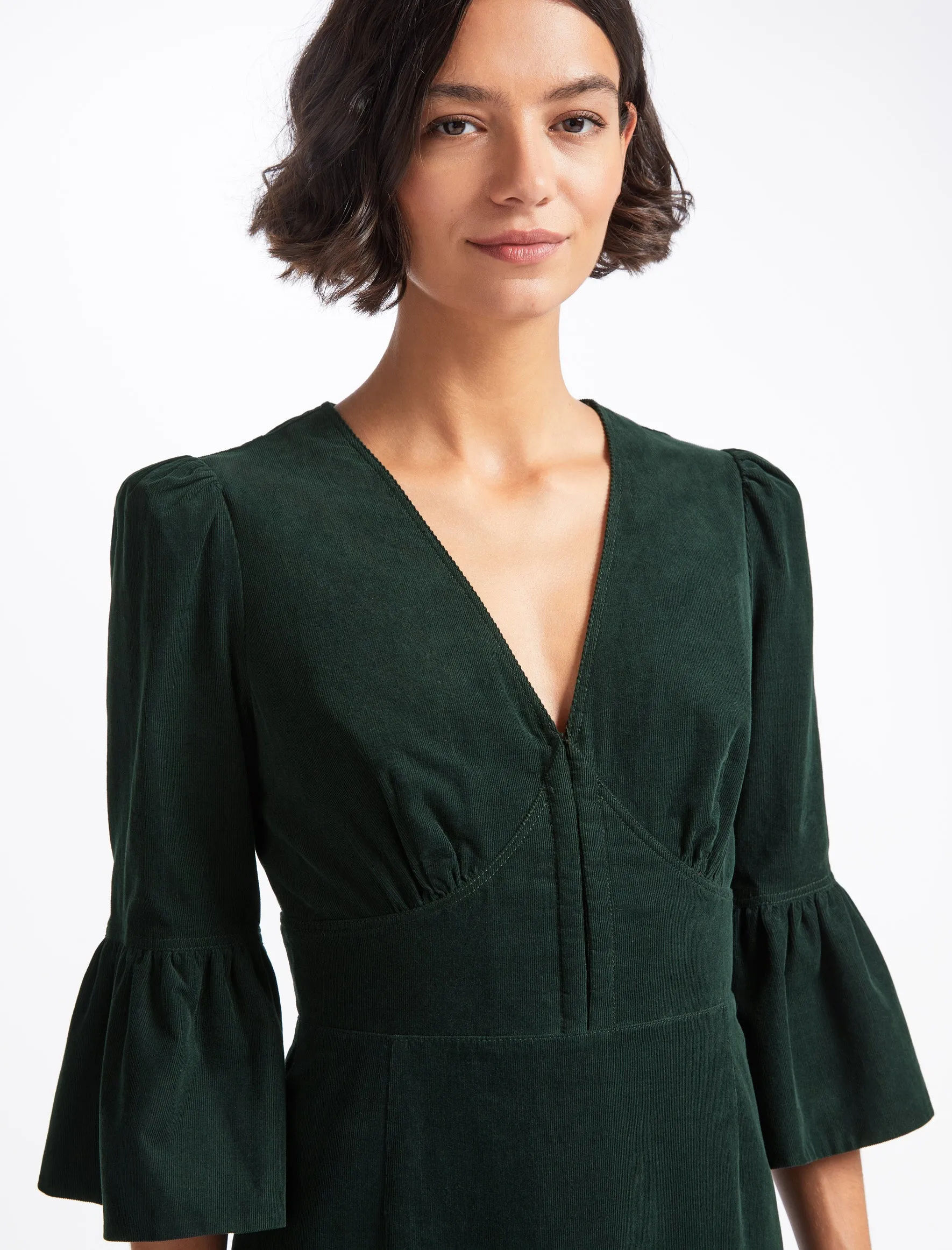 Daphne Pin Corduroy V Neck Maxi Dress - Forest Green