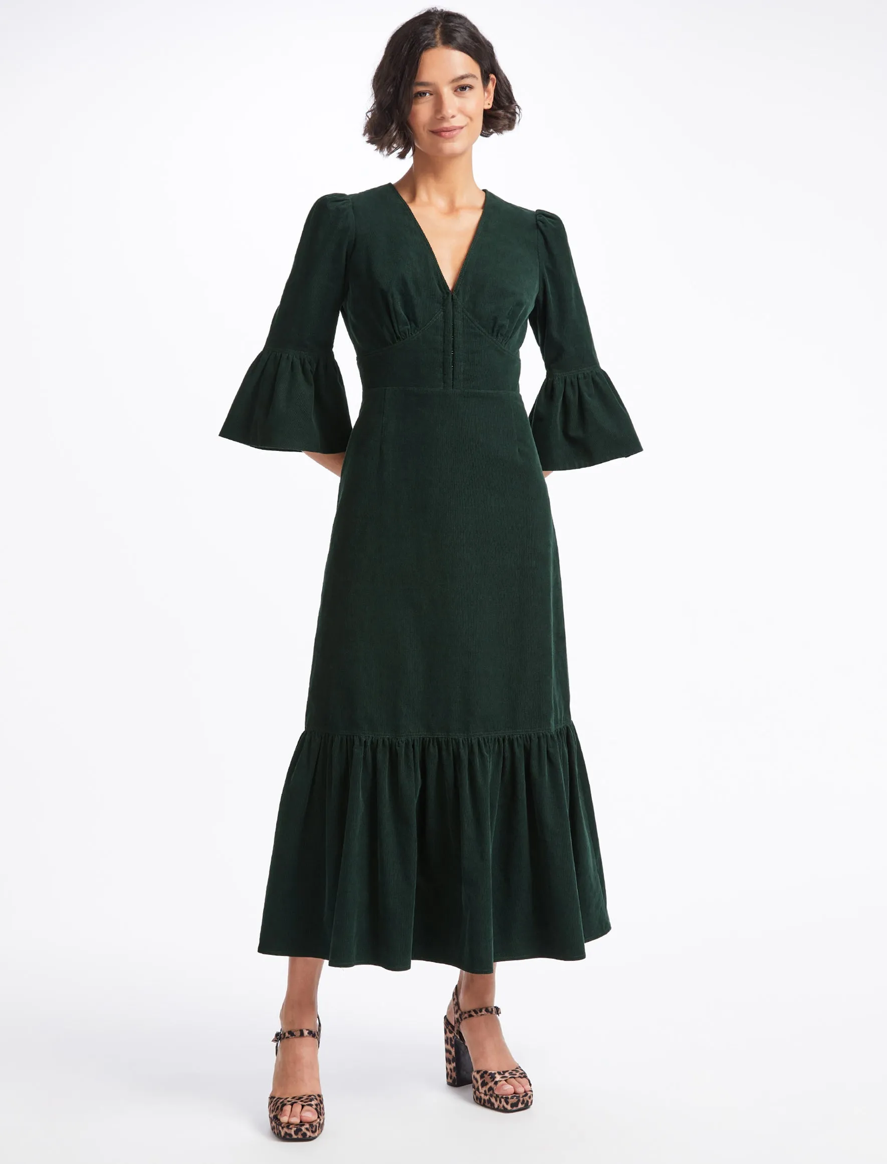 Daphne Pin Corduroy V Neck Maxi Dress - Forest Green