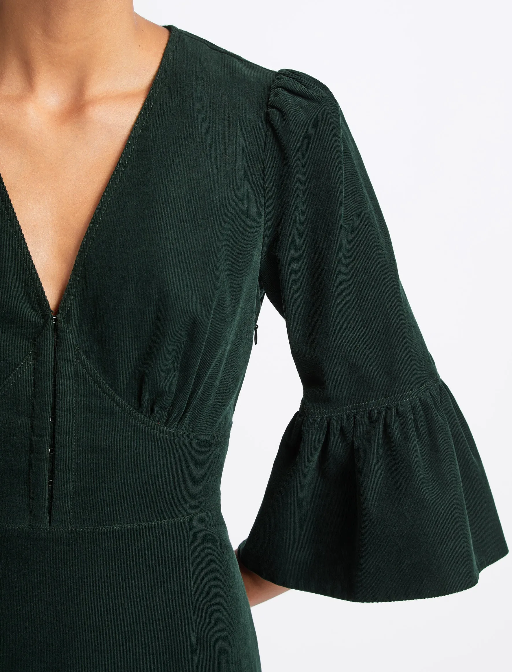 Daphne Pin Corduroy V Neck Maxi Dress - Forest Green