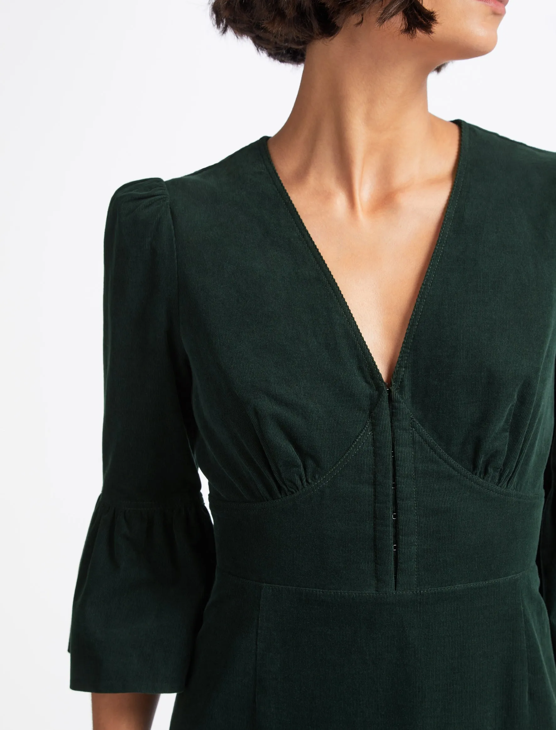 Daphne Pin Corduroy V Neck Maxi Dress - Forest Green