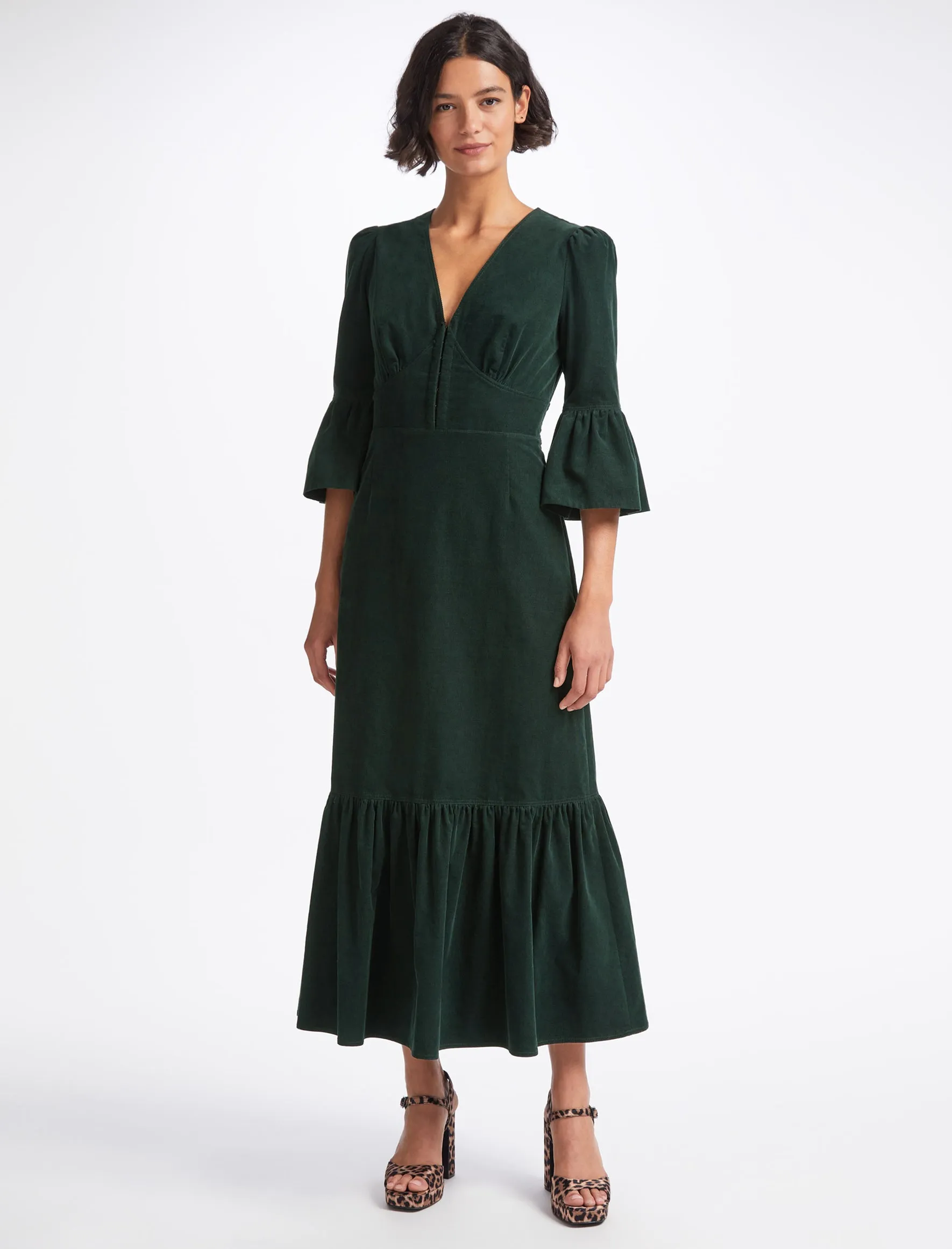 Daphne Pin Corduroy V Neck Maxi Dress - Forest Green