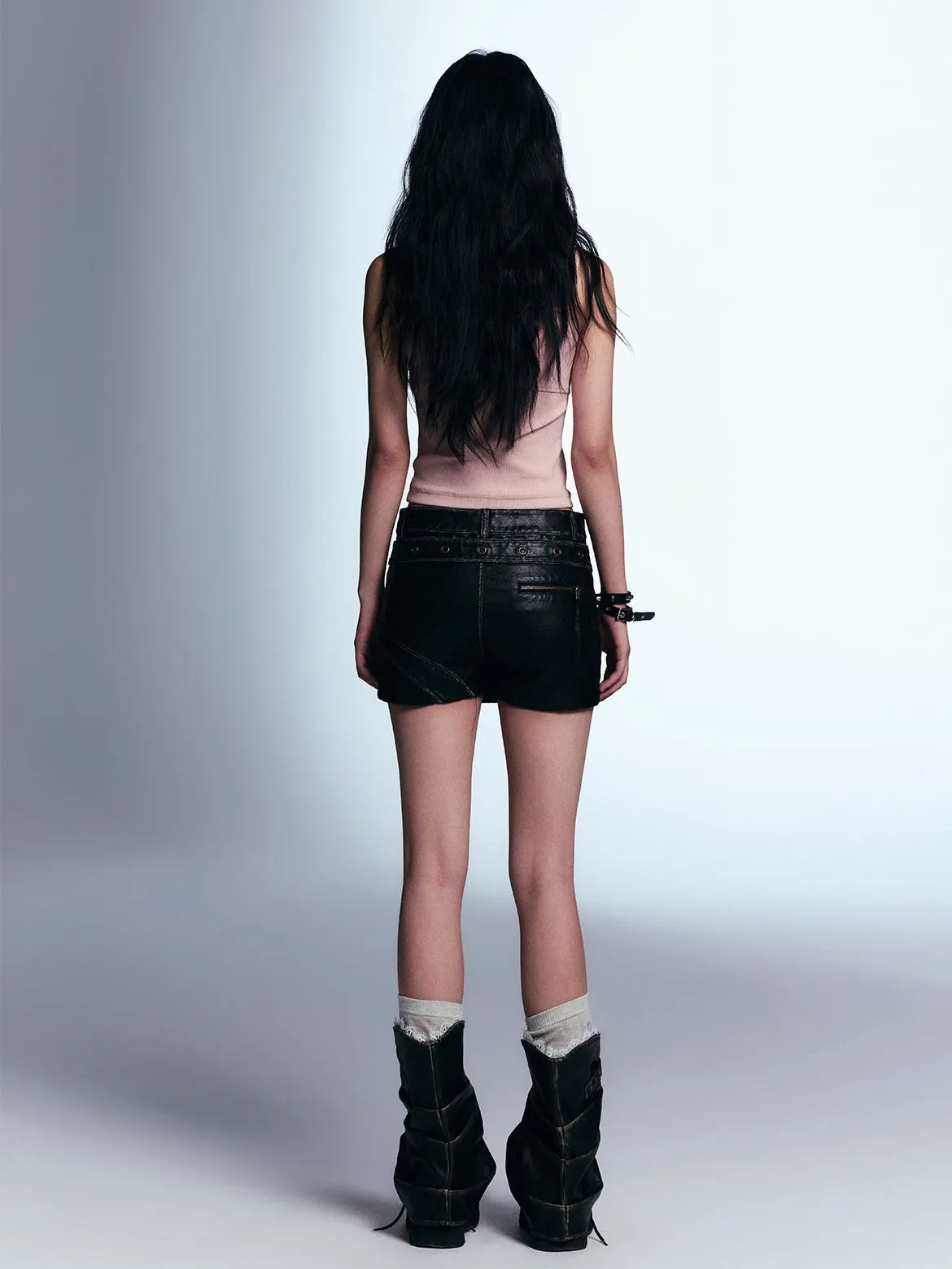 Distressed A-line Leather Short Culottes