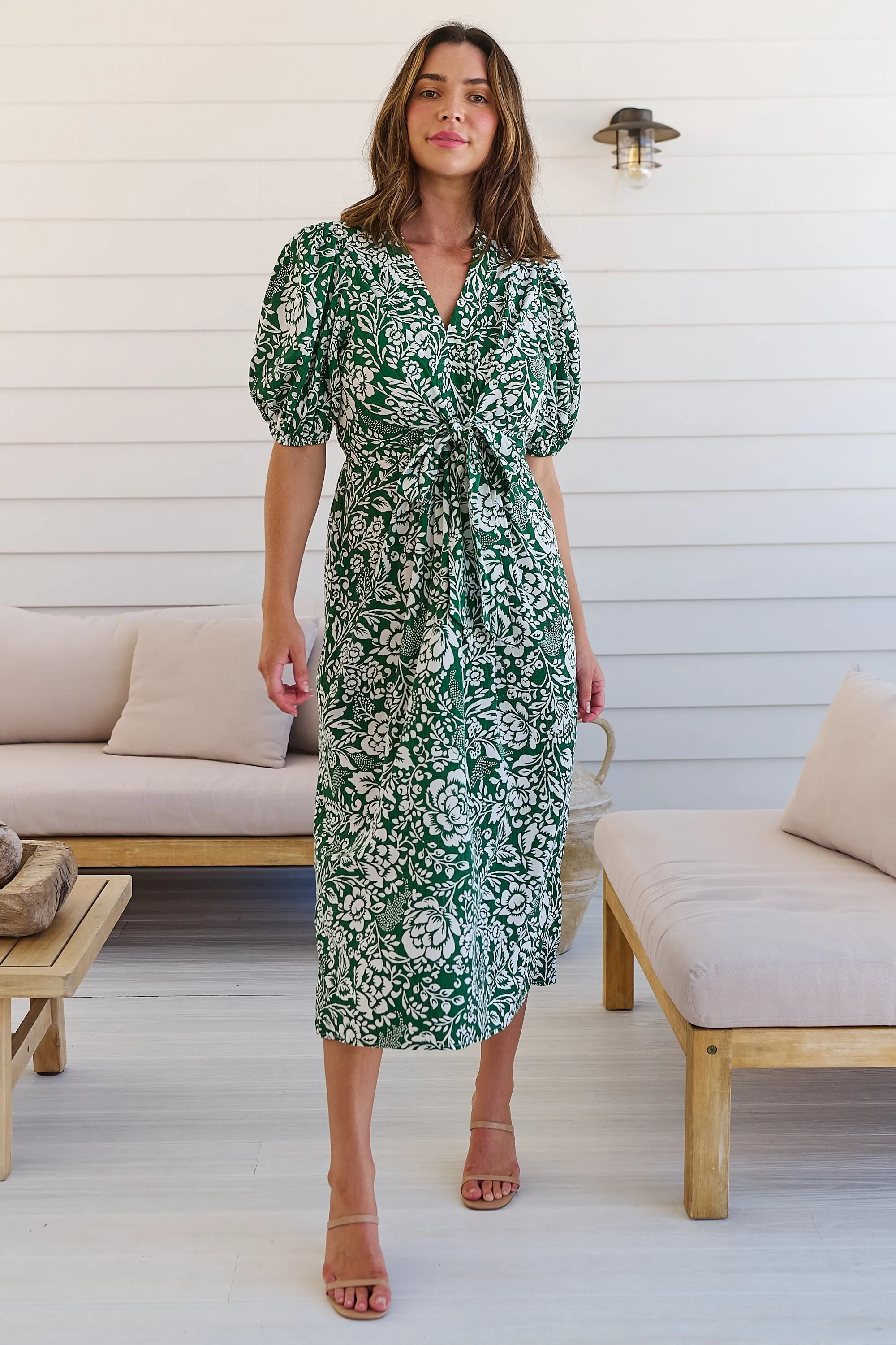 Effie Green/White Floral Tie Waist Dress