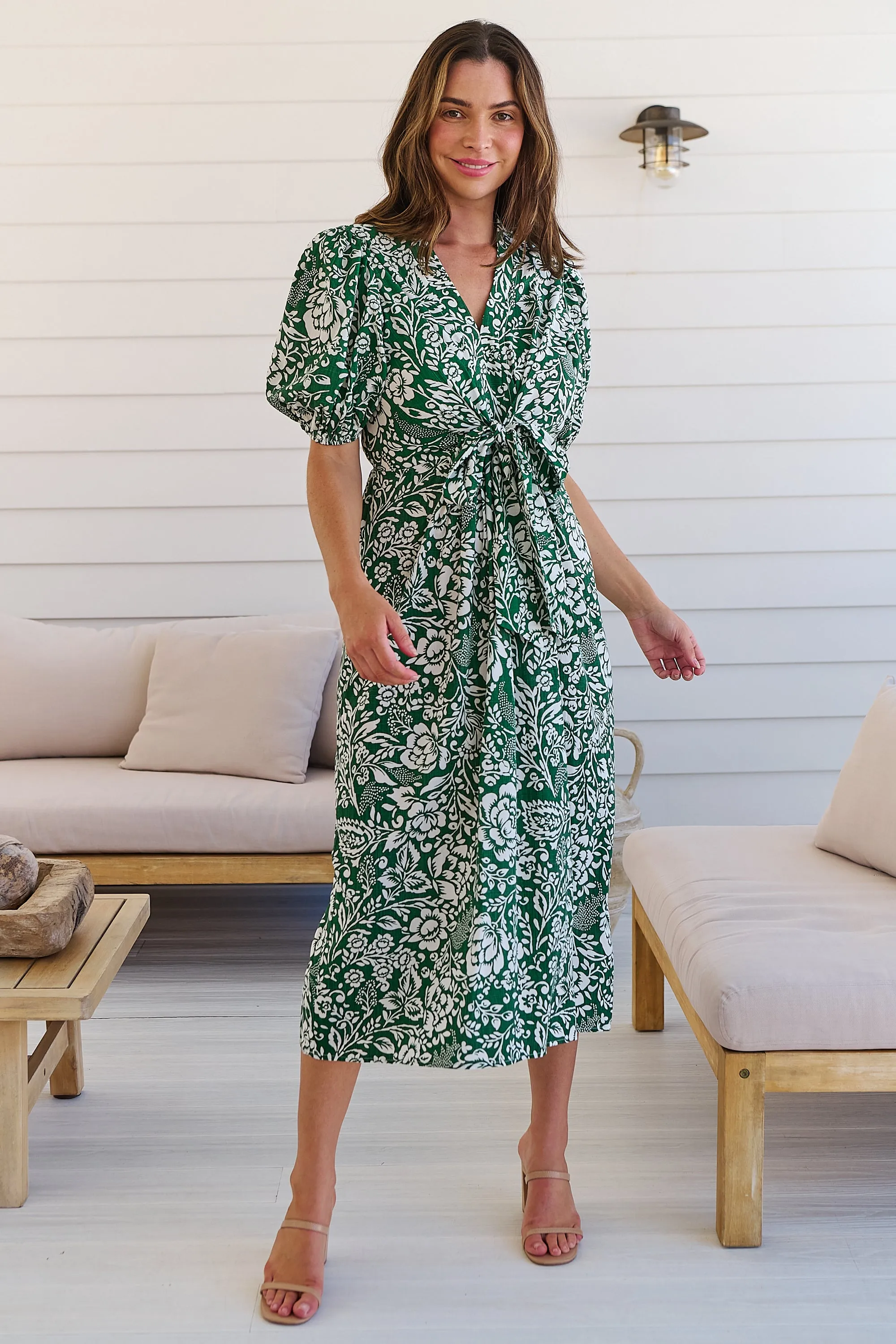 Effie Green/White Floral Tie Waist Dress