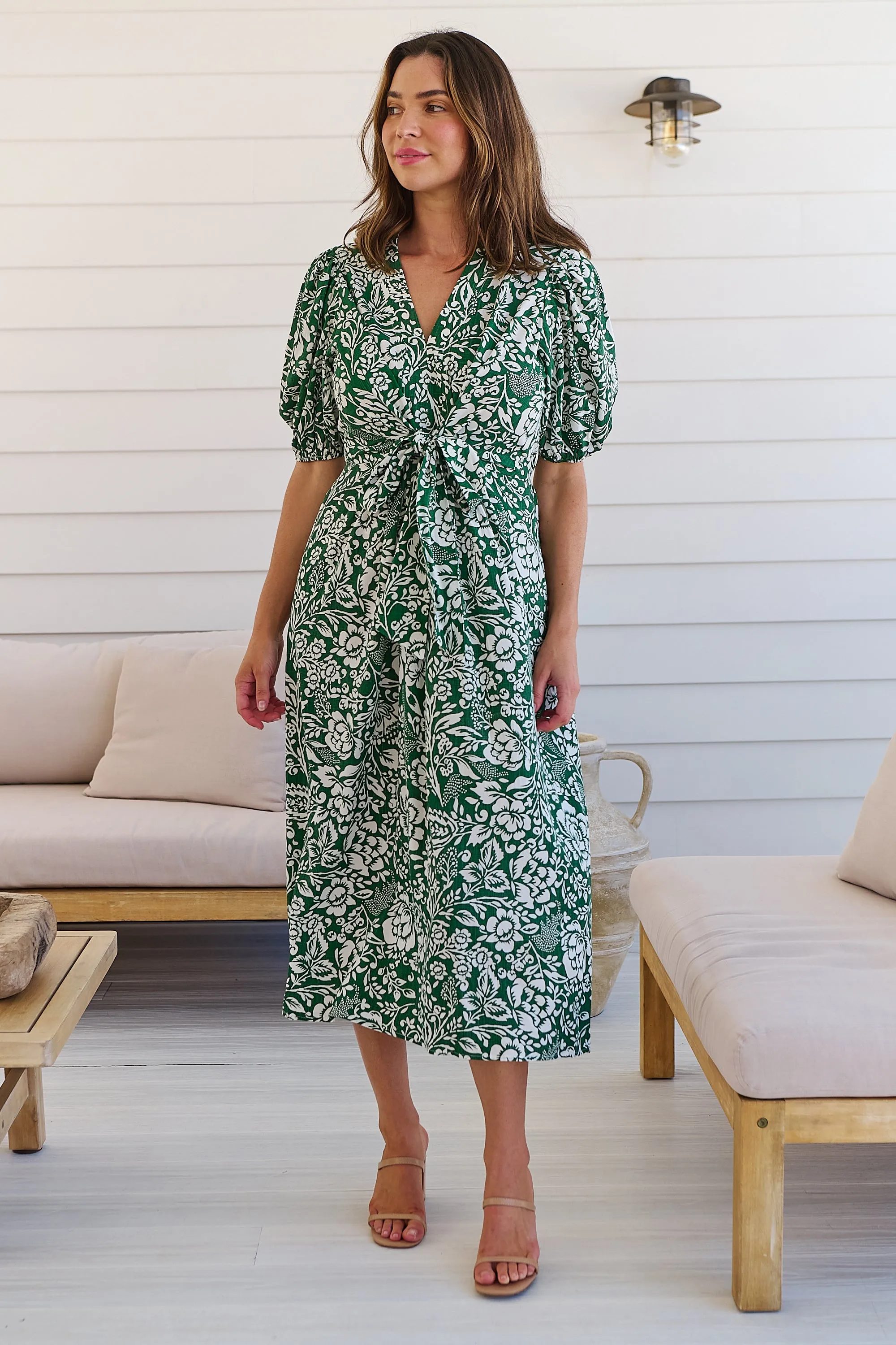 Effie Green/White Floral Tie Waist Dress