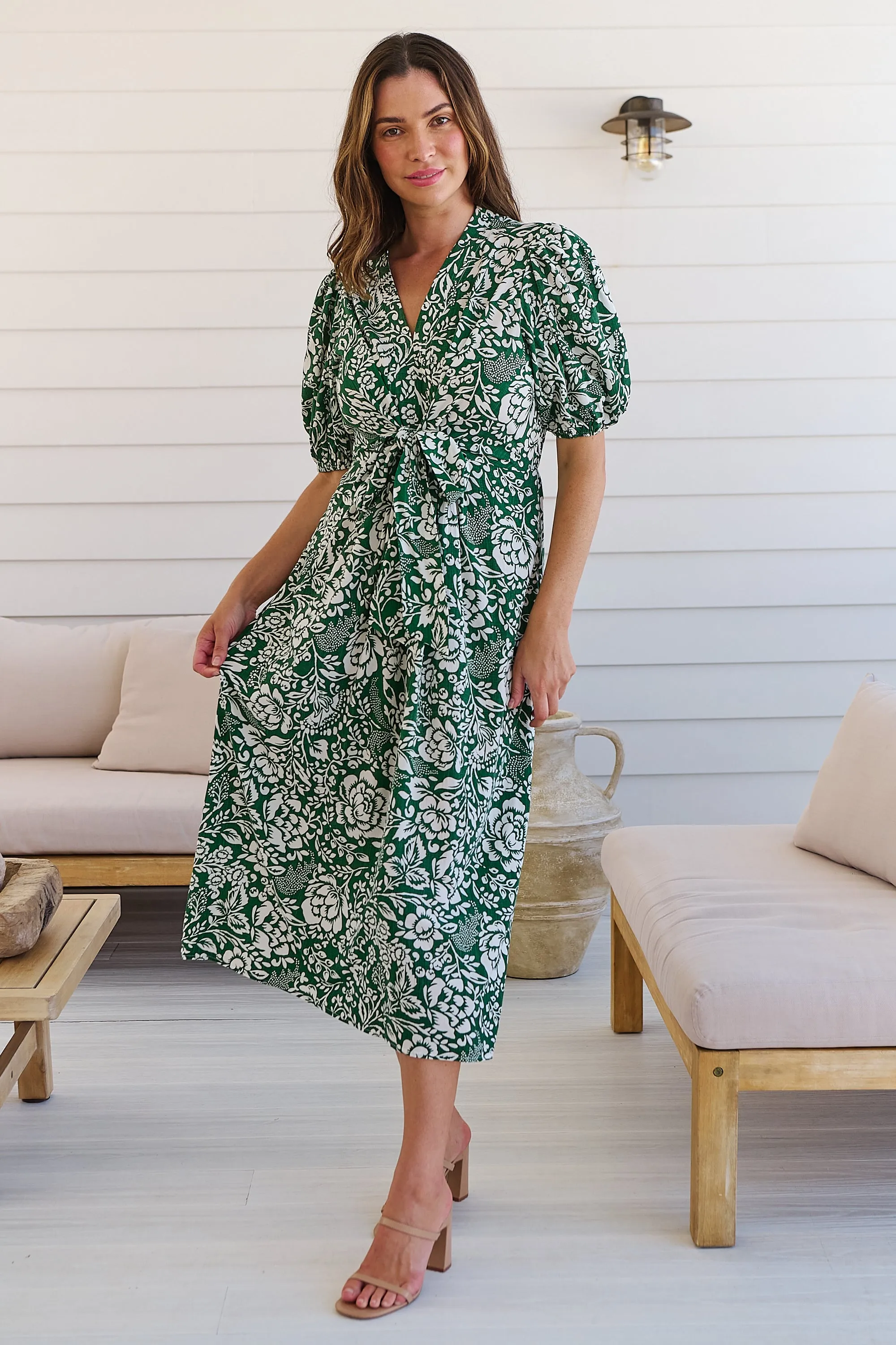 Effie Green/White Floral Tie Waist Dress