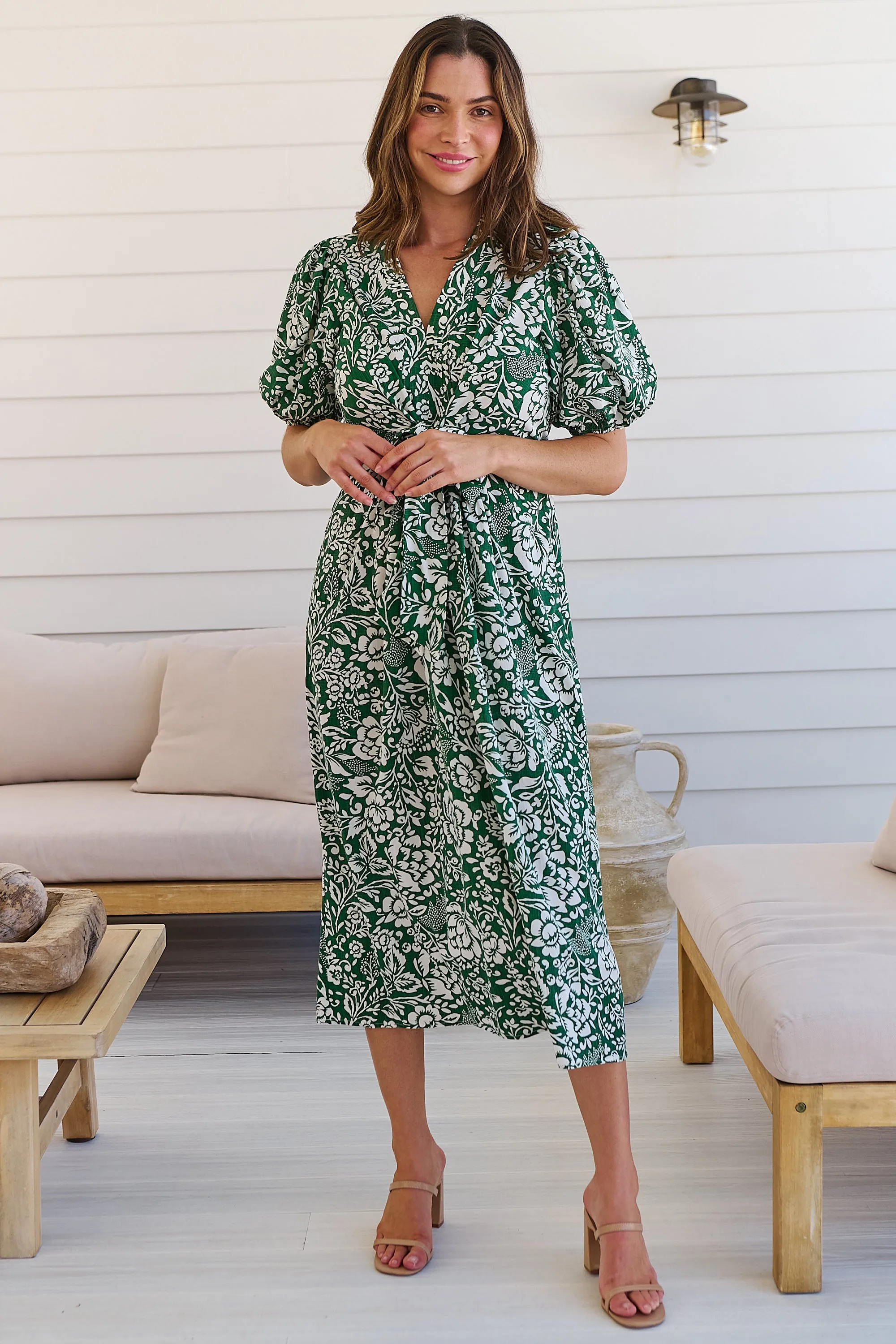 Effie Green/White Floral Tie Waist Dress