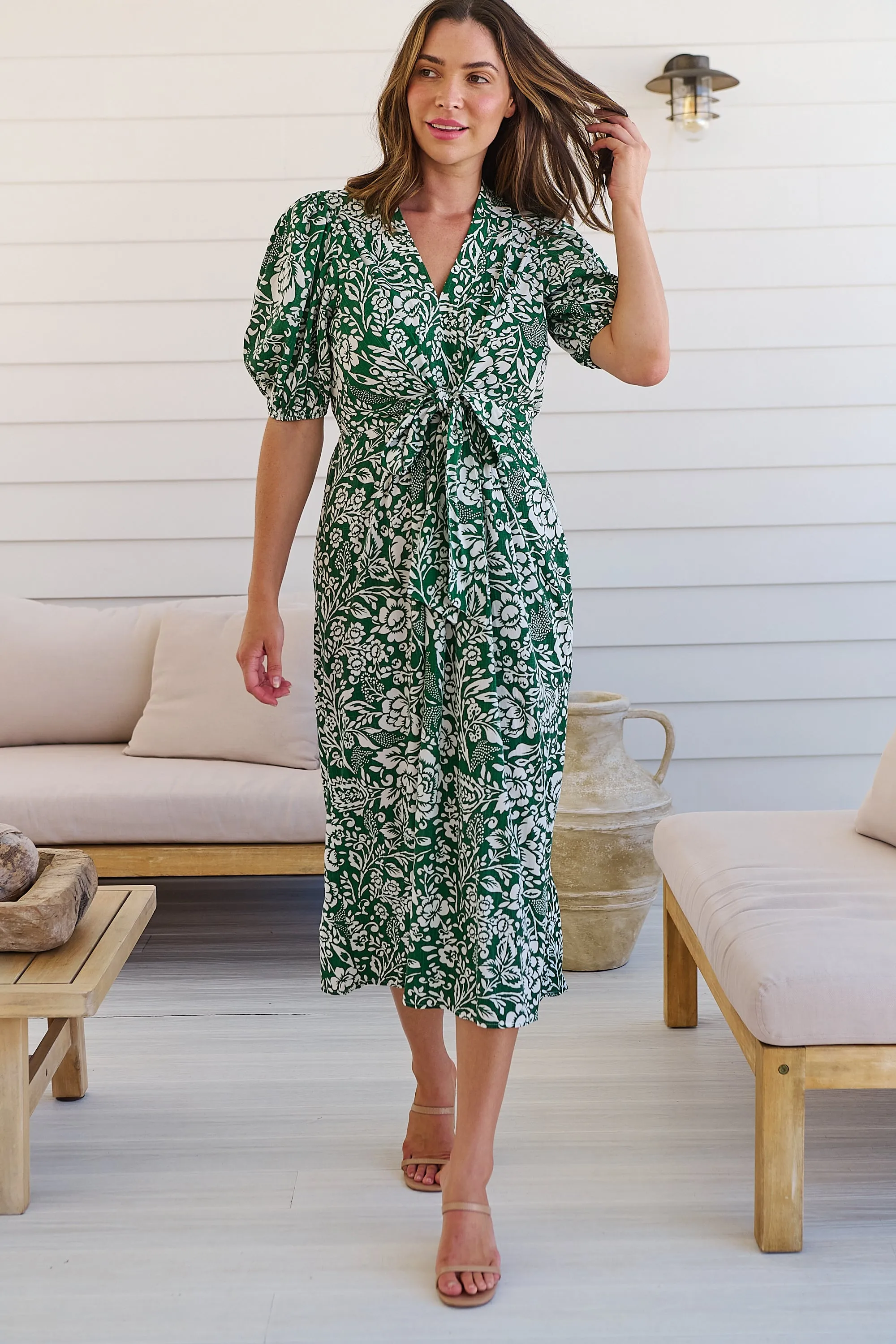 Effie Green/White Floral Tie Waist Dress