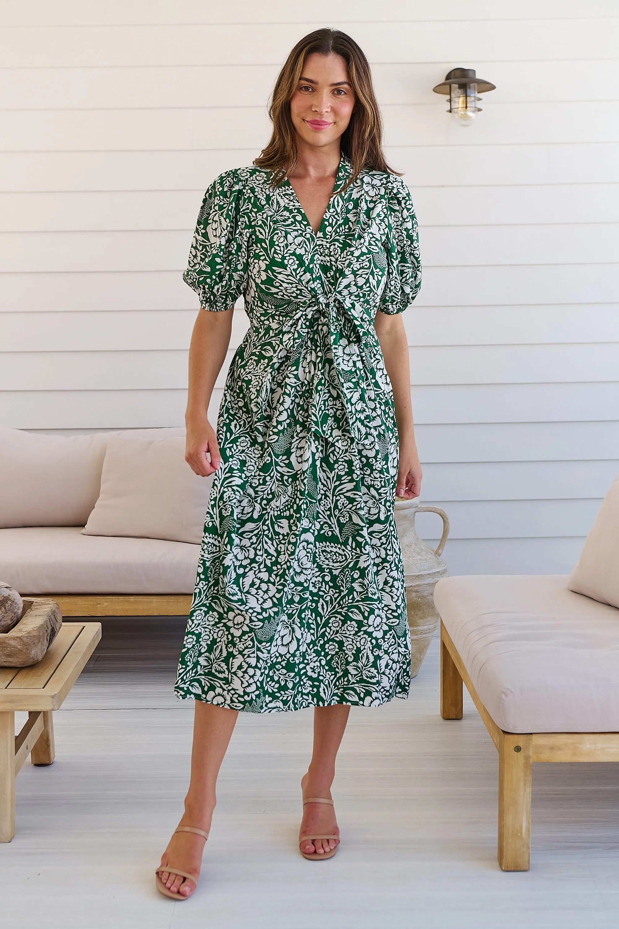 Effie Green/White Floral Tie Waist Dress