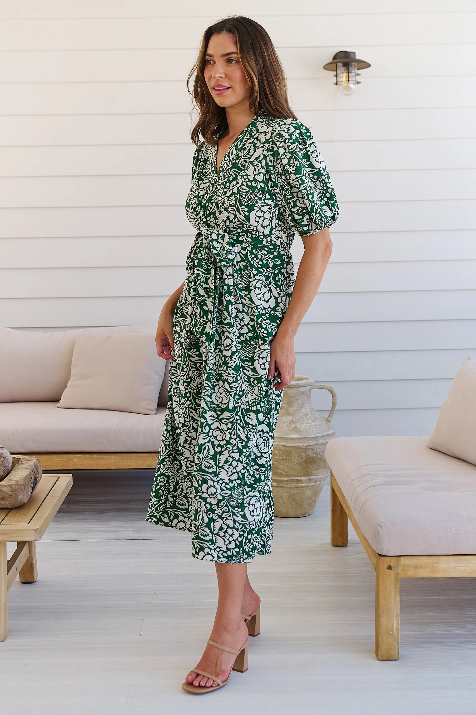 Effie Green/White Floral Tie Waist Dress
