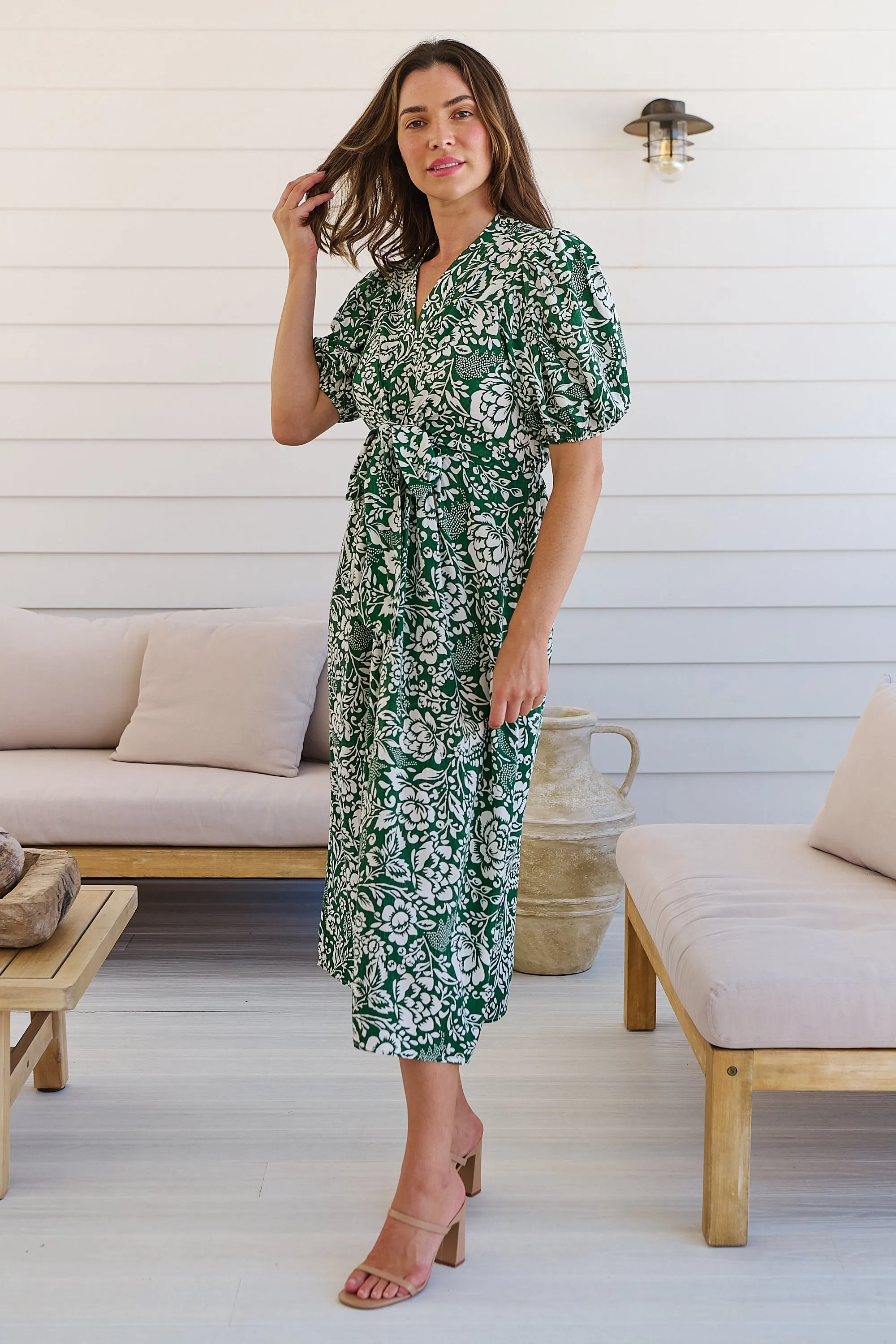Effie Green/White Floral Tie Waist Dress