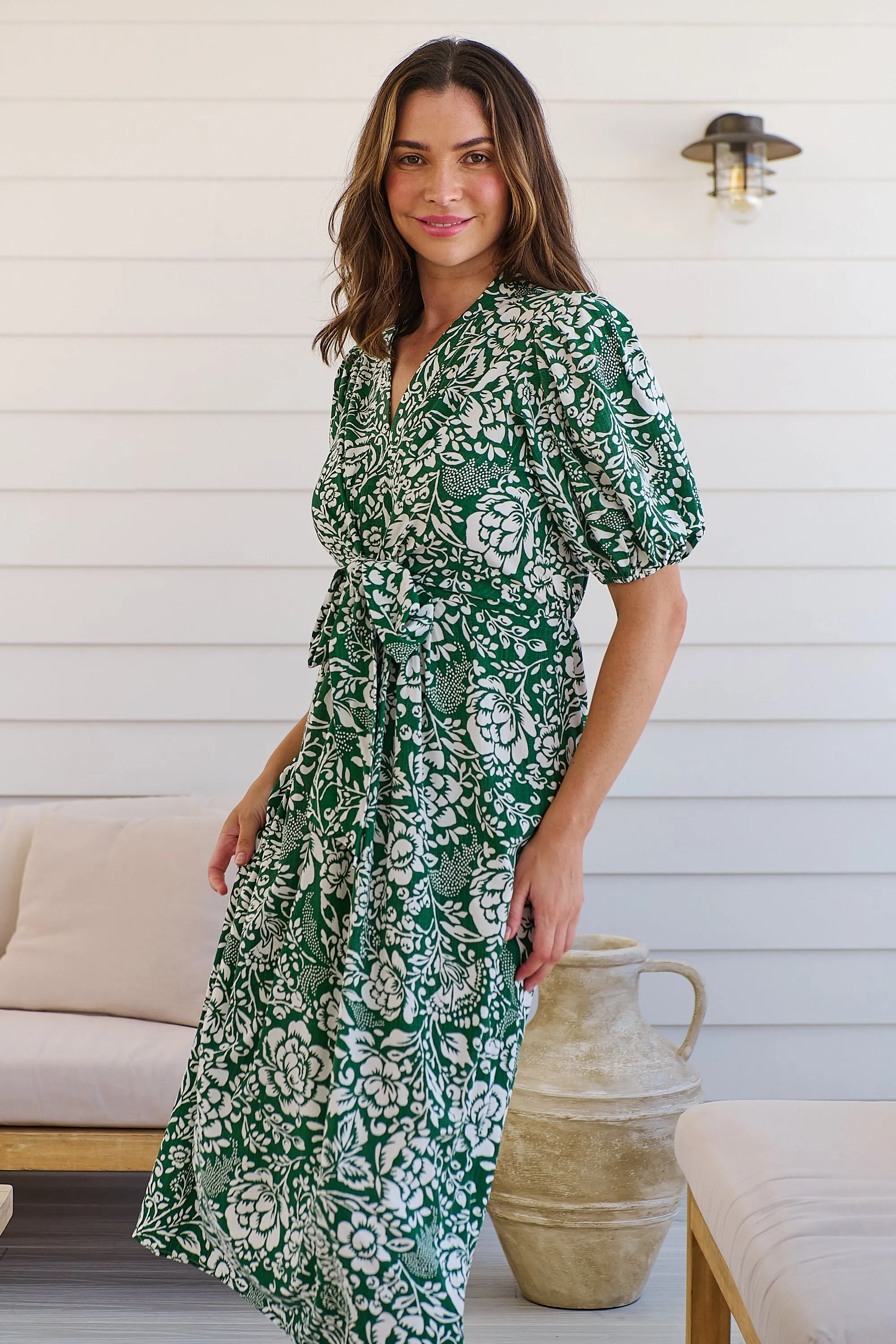 Effie Green/White Floral Tie Waist Dress