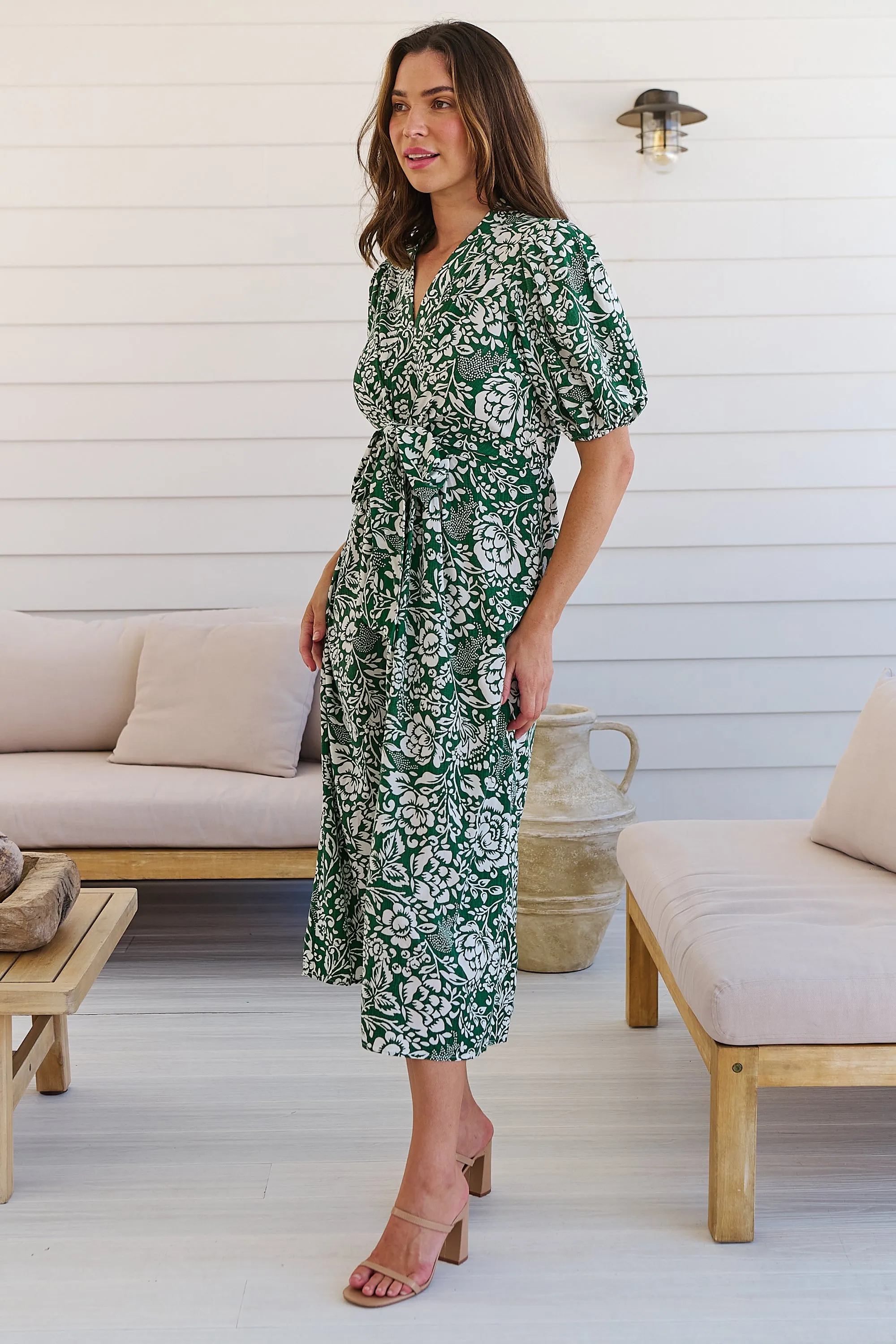 Effie Green/White Floral Tie Waist Dress