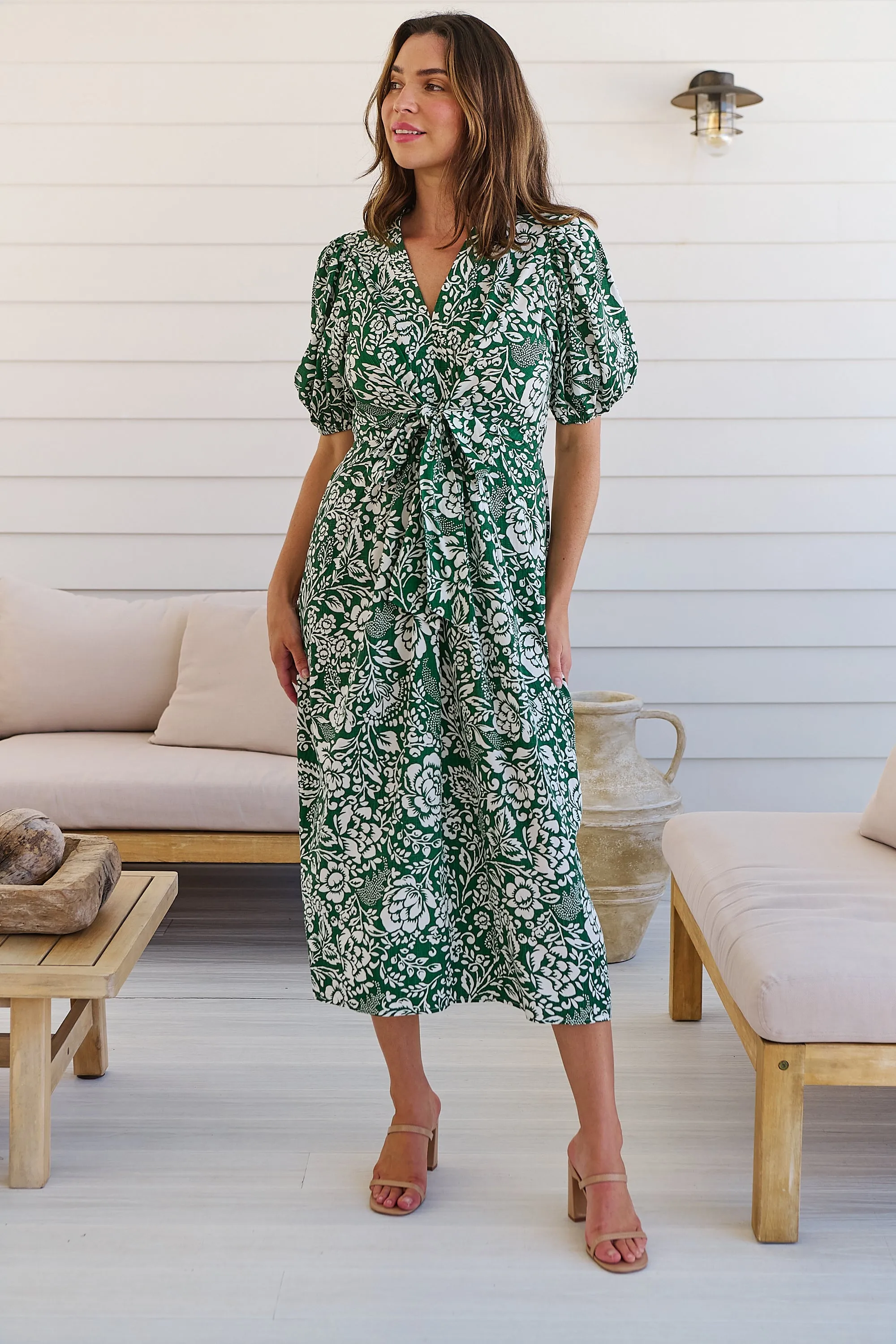 Effie Green/White Floral Tie Waist Dress