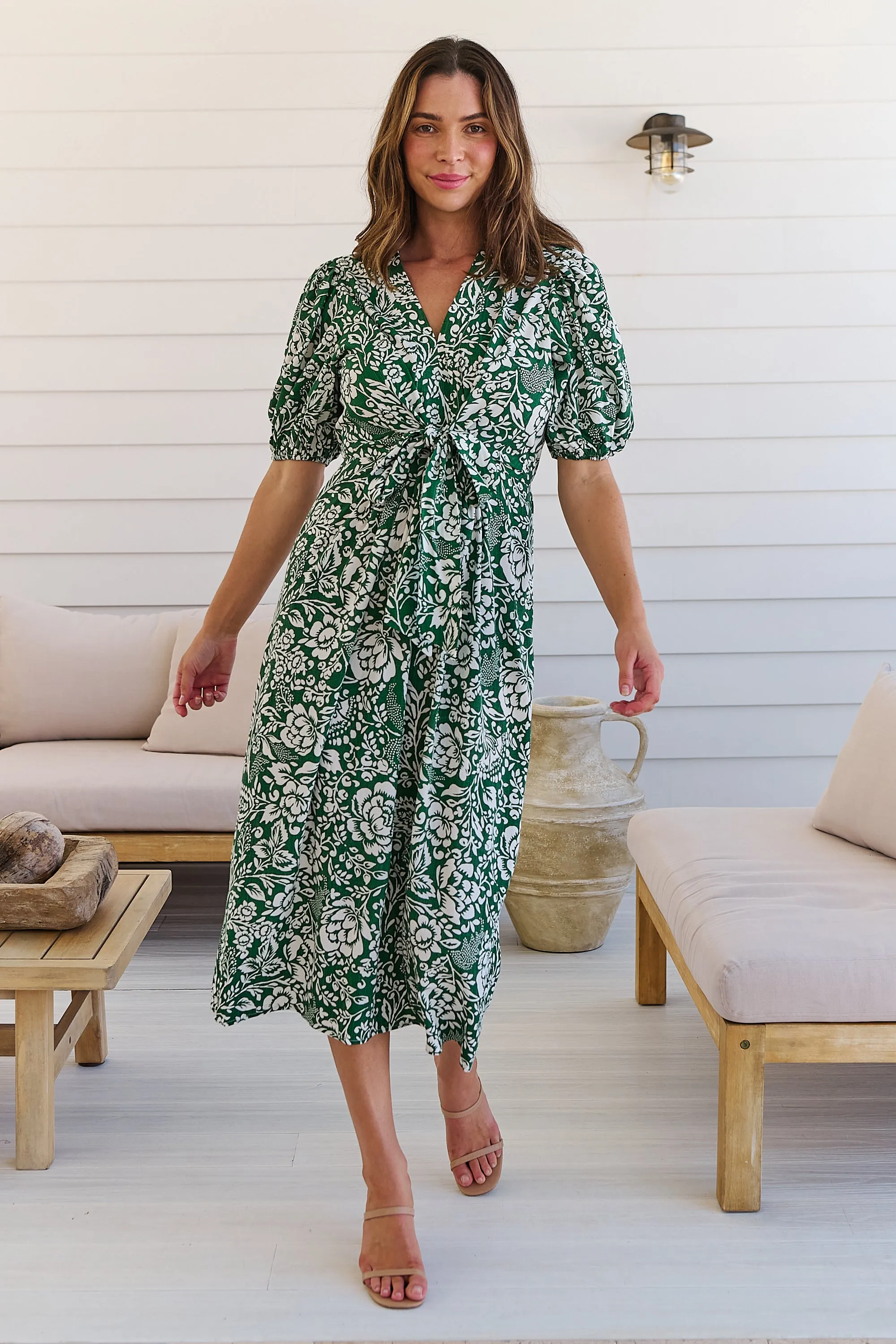 Effie Green/White Floral Tie Waist Dress