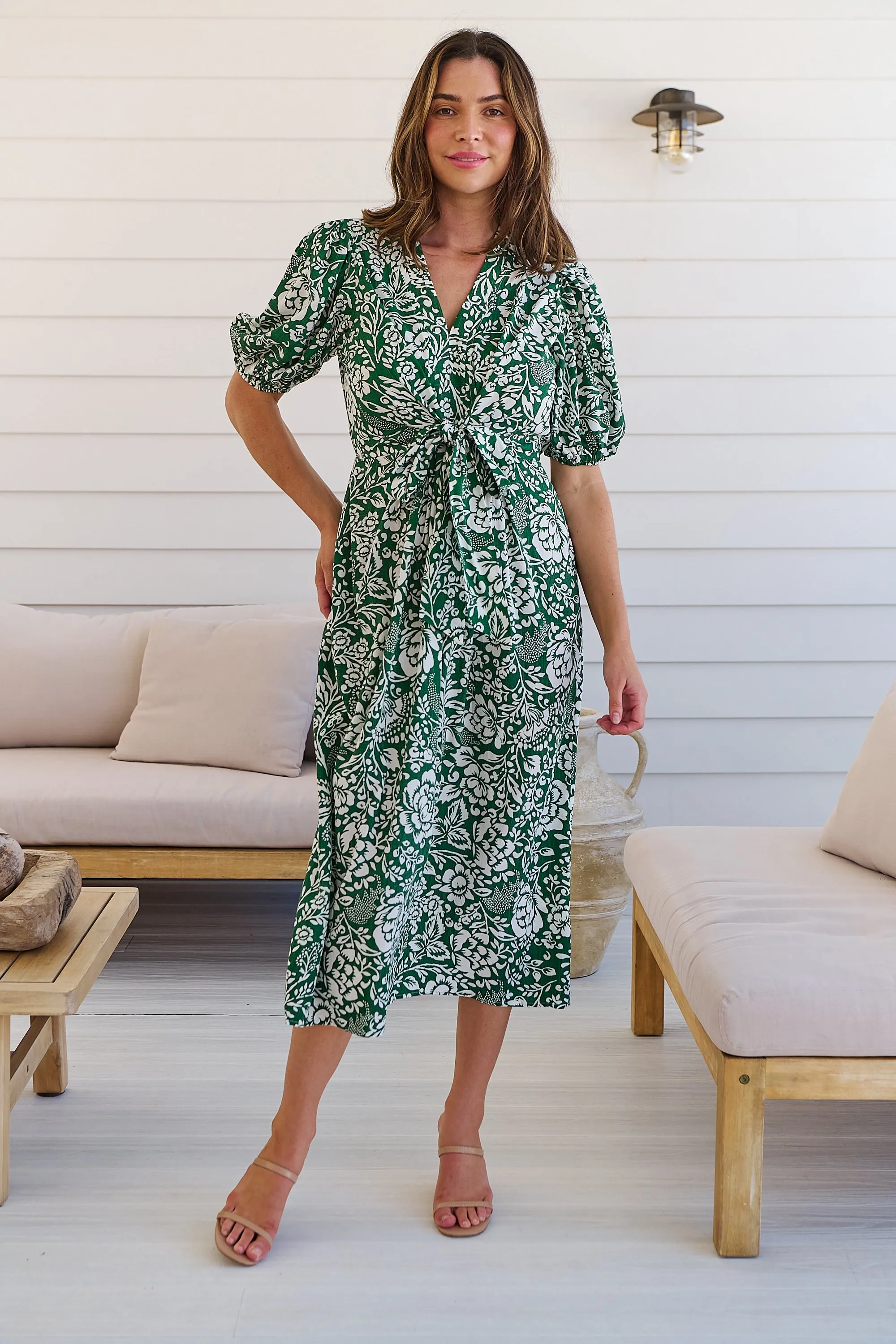 Effie Green/White Floral Tie Waist Dress