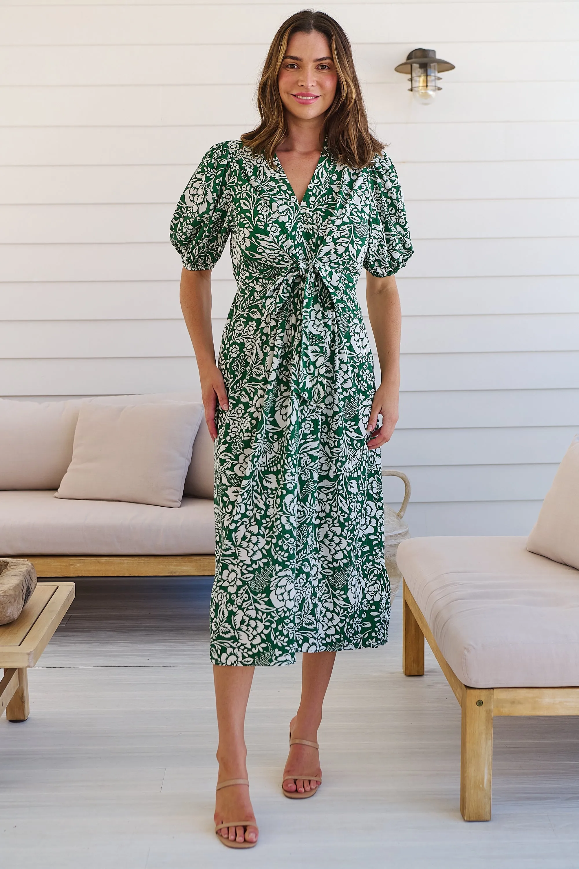 Effie Green/White Floral Tie Waist Dress