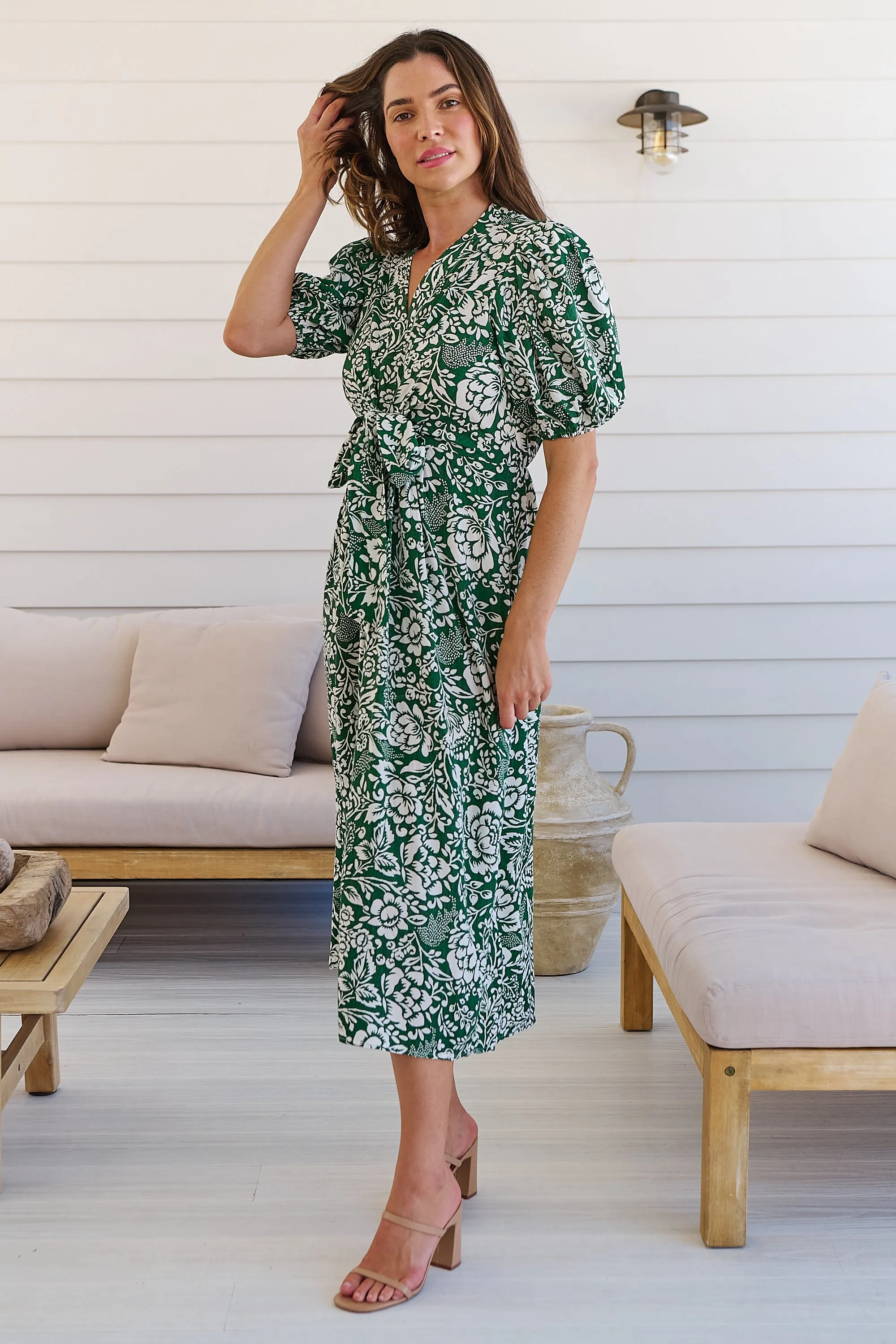 Effie Green/White Floral Tie Waist Dress