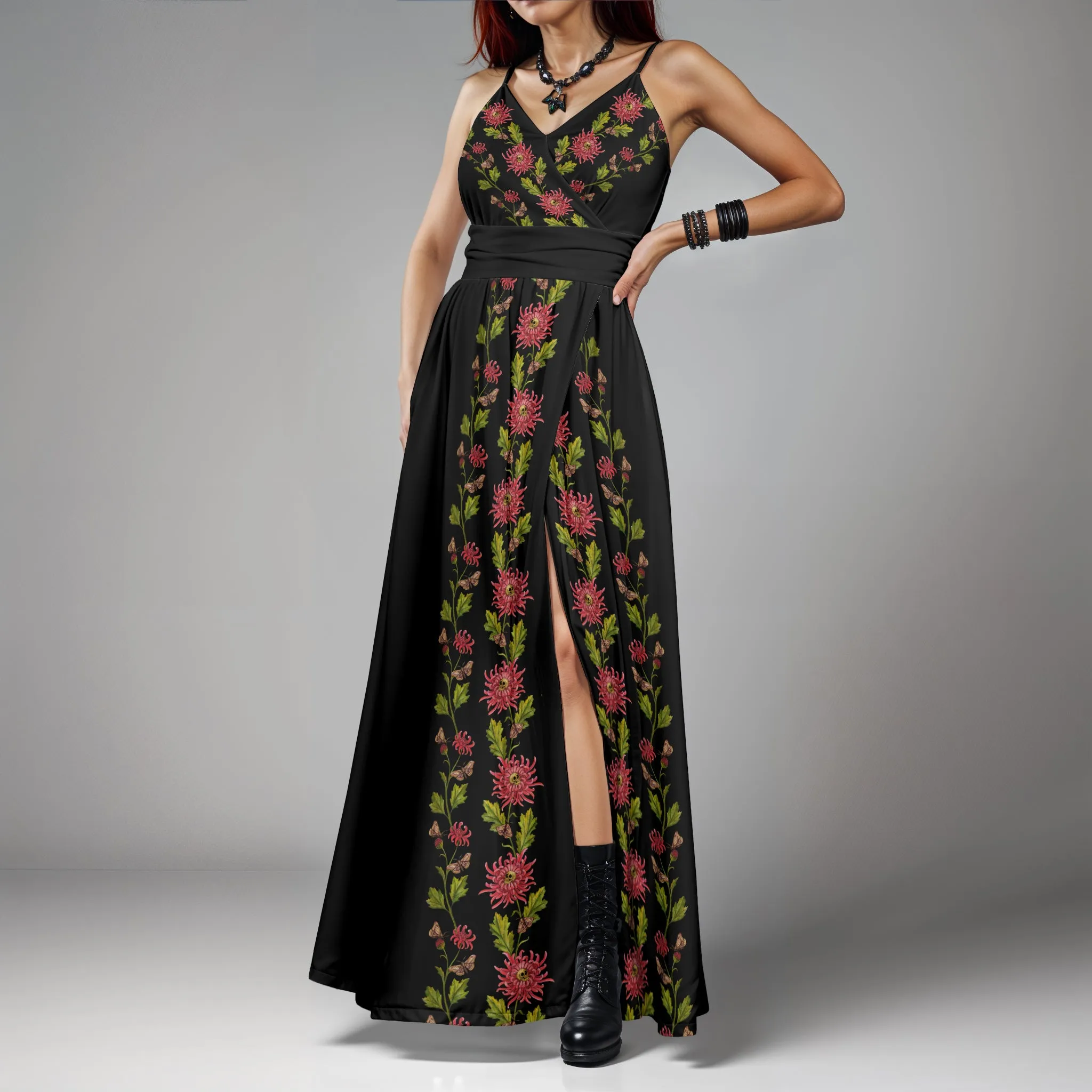 Elegant Chrysanthemum Skull Maxi-dress