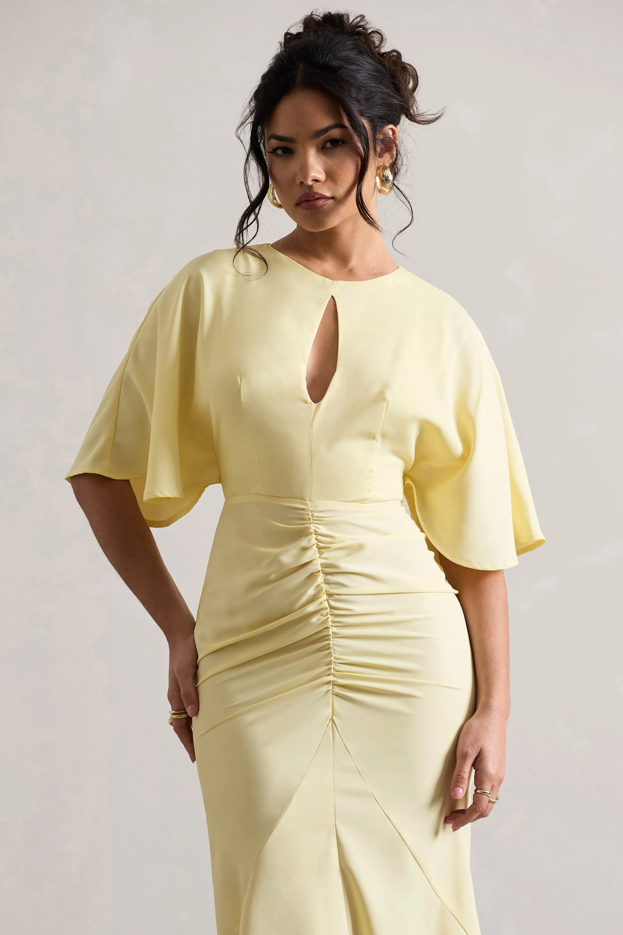 Elidy | Pastel Yellow Ruched Flutter-Sleeve Cut-Out Maxi Dress