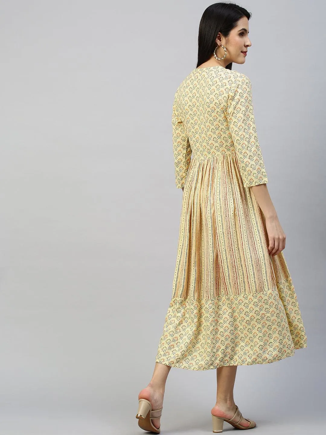 Ethnic Printed Flounce Flared Dress - Pastel Yellow