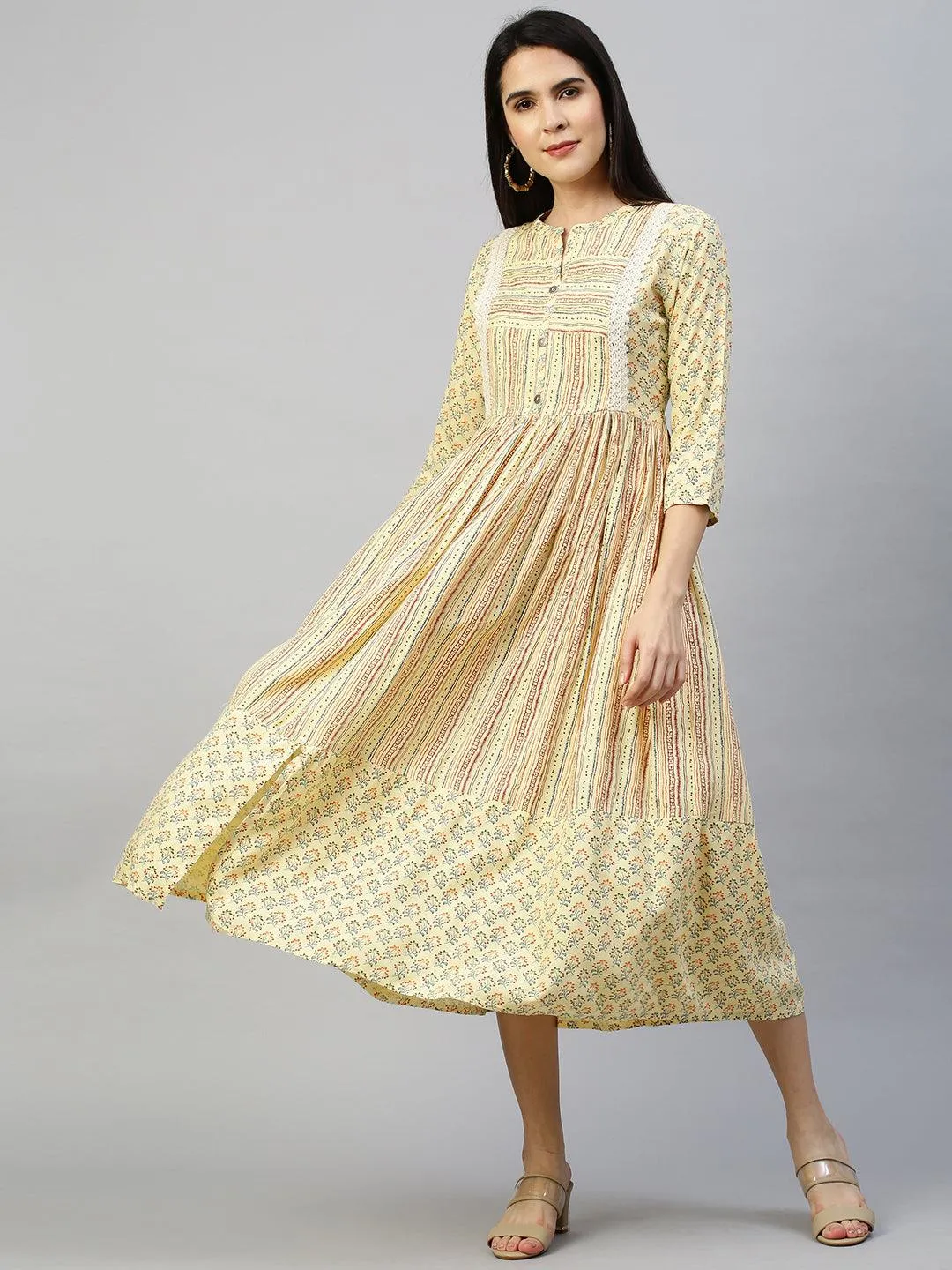 Ethnic Printed Flounce Flared Dress - Pastel Yellow