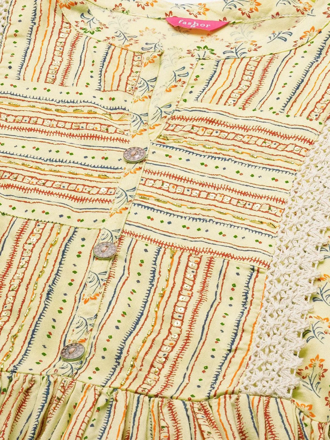 Ethnic Printed Flounce Flared Dress - Pastel Yellow